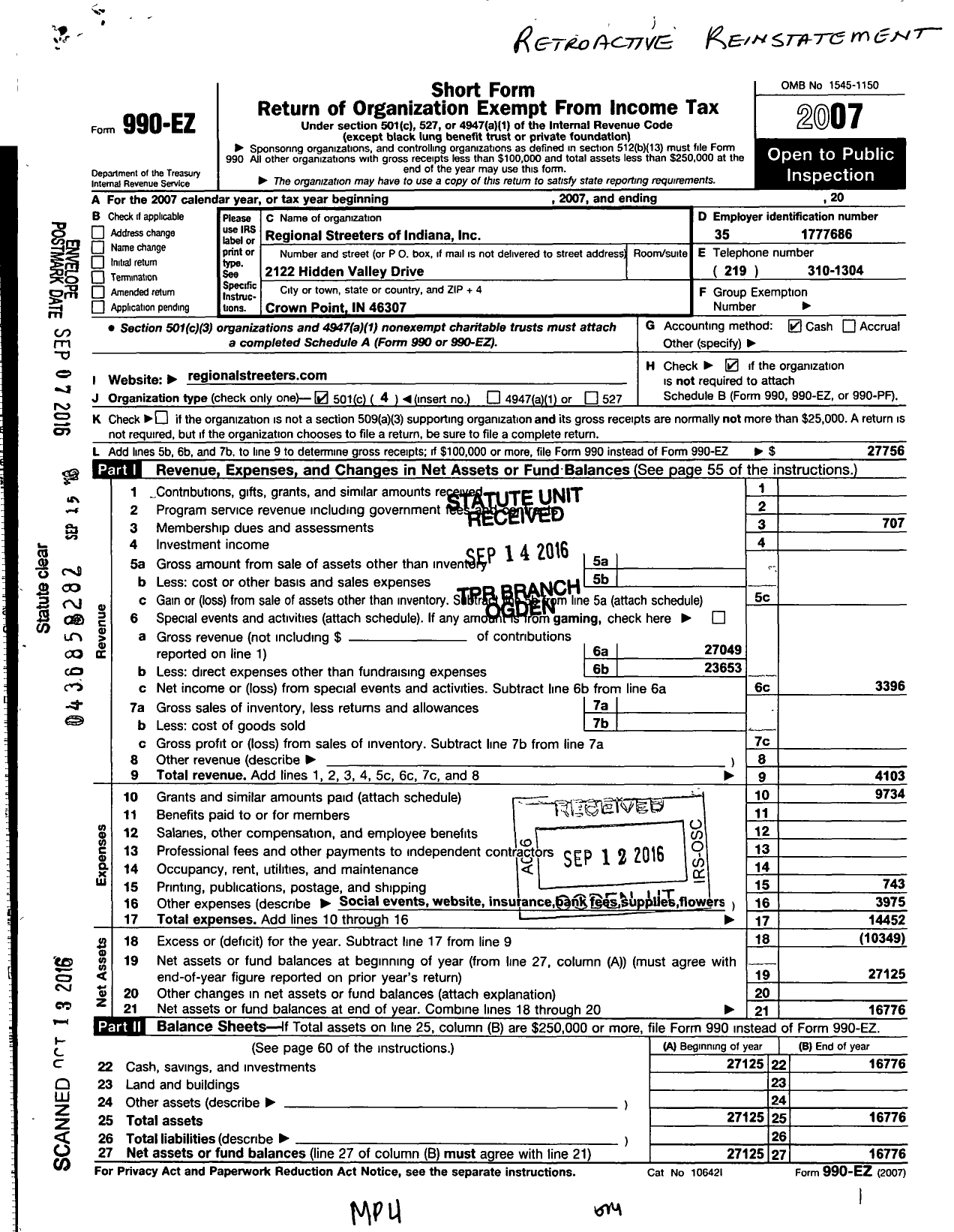 Image of first page of 2007 Form 990EO for Regional Streeters of Indiana