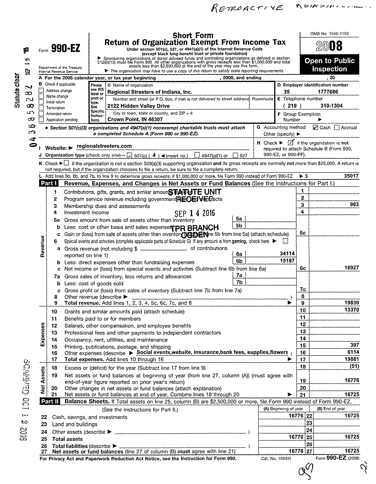 Image of first page of 2008 Form 990EO for Regional Streeters of Indiana