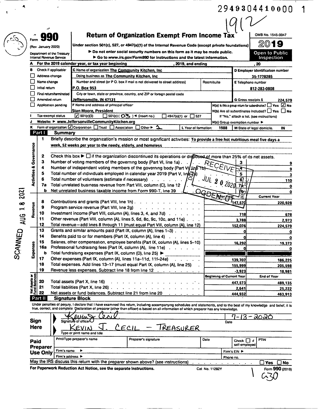 Image of first page of 2019 Form 990 for The Community Kitchen