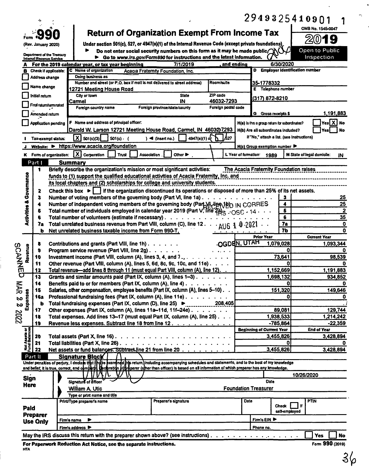 Image of first page of 2019 Form 990 for Acacia Fraternity Foundation