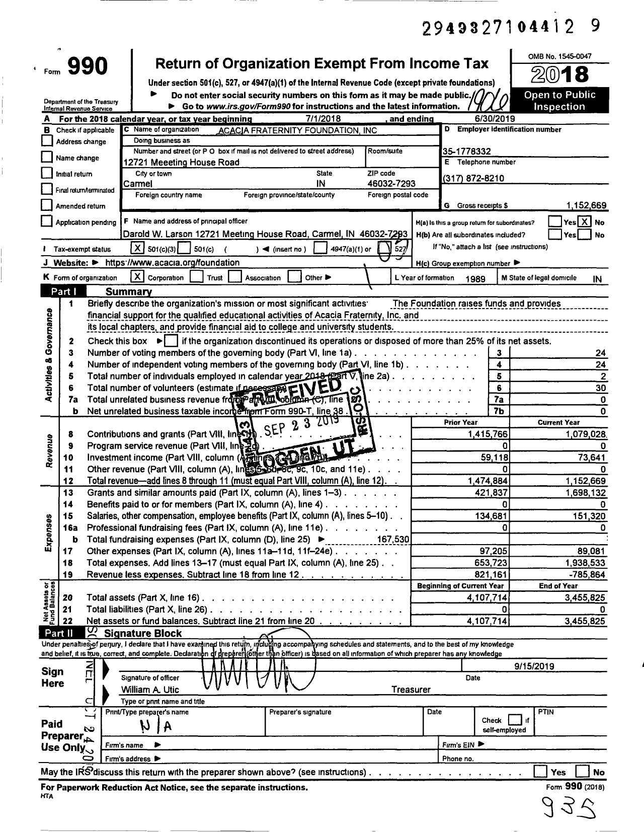 Image of first page of 2018 Form 990 for Acacia Fraternity Foundation