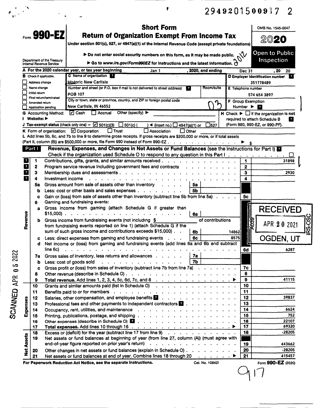Image of first page of 2020 Form 990EZ for Historic New Carlisle Incorporated
