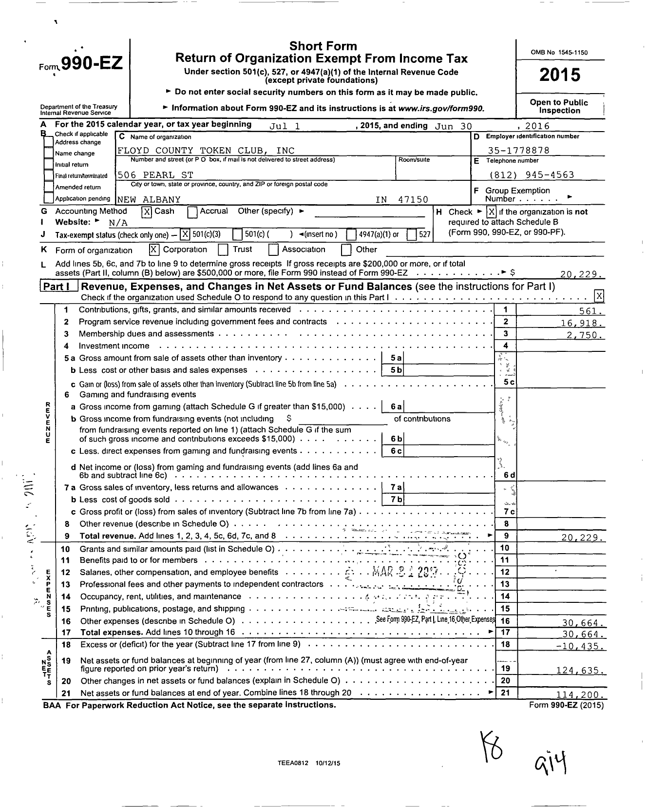 Image of first page of 2015 Form 990EZ for Floyd County Token Club