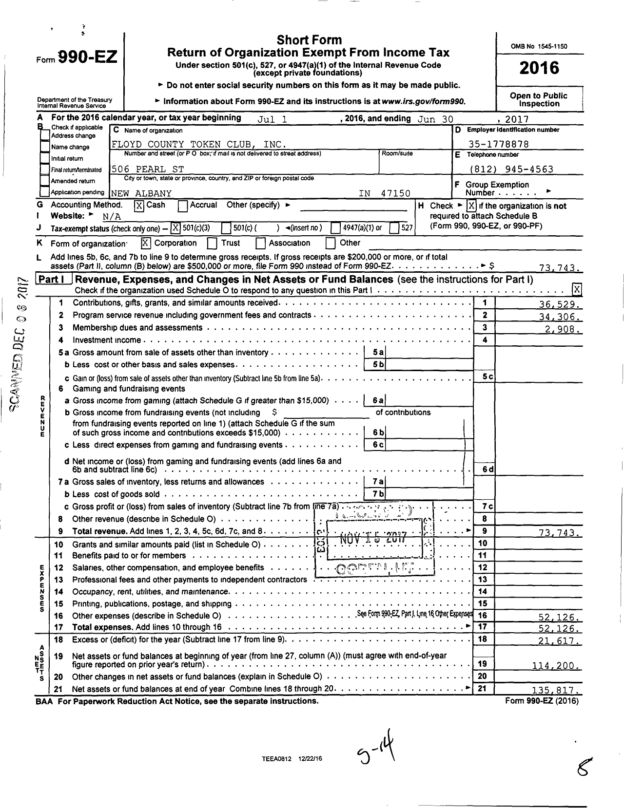 Image of first page of 2016 Form 990EZ for Floyd County Token Club