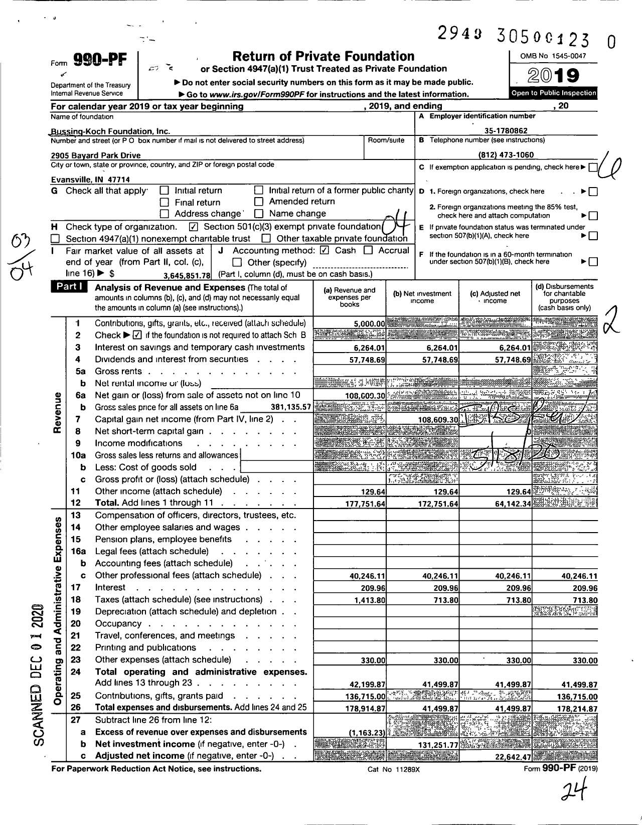 Image of first page of 2019 Form 990PF for Bussing-Koch Foundation