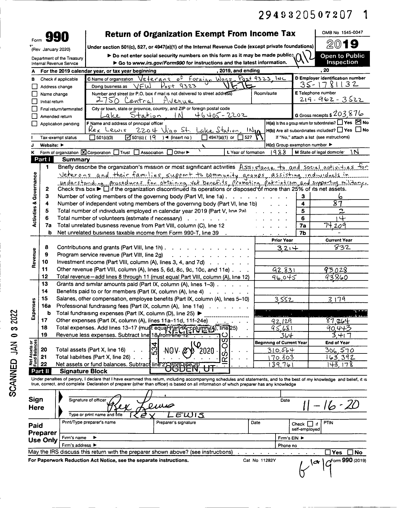 Image of first page of 2019 Form 990O for VFW Department of Indiana - 9323 Post Lake Station
