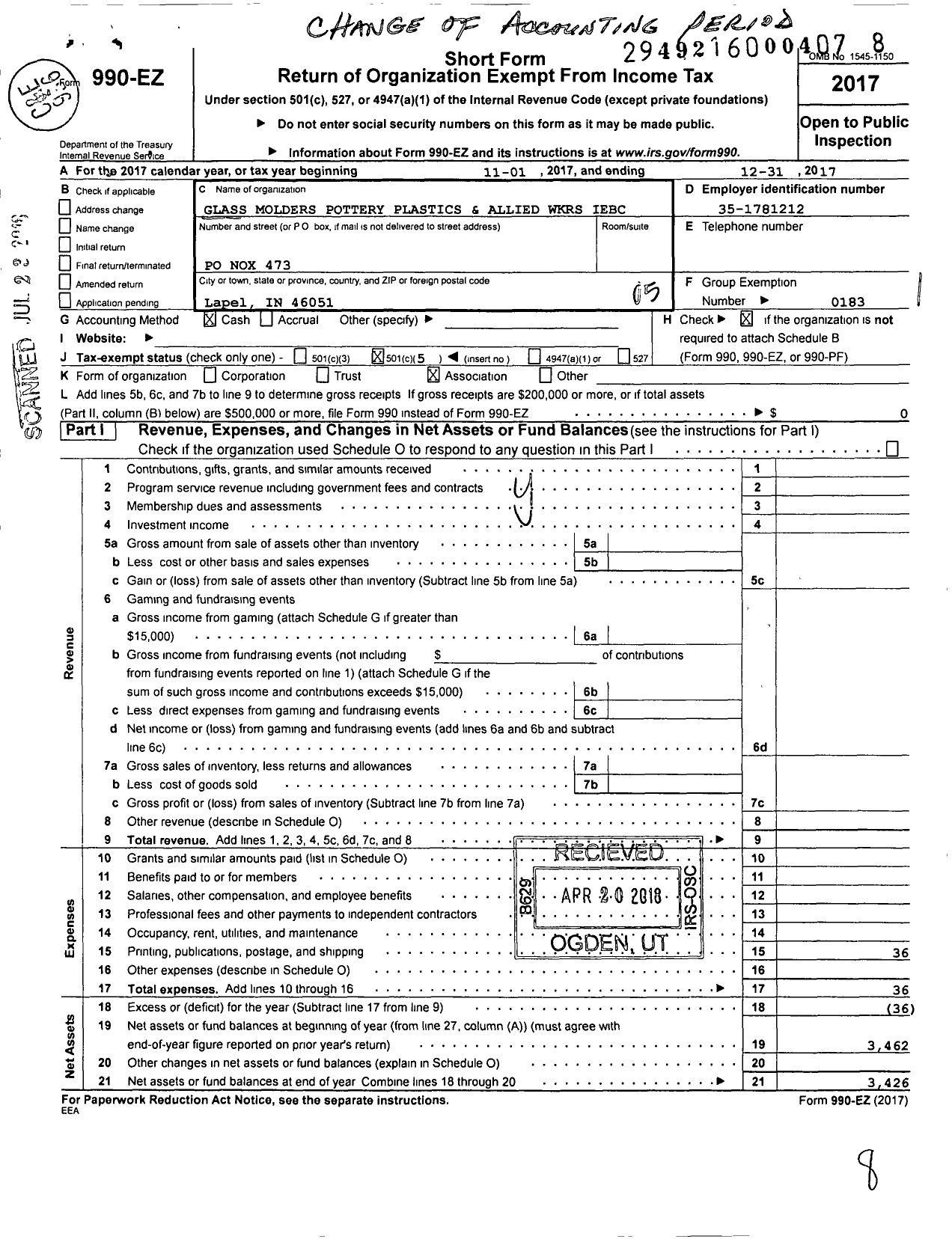 Image of first page of 2017 Form 990EO for United Steelworkers - 459m USW Local