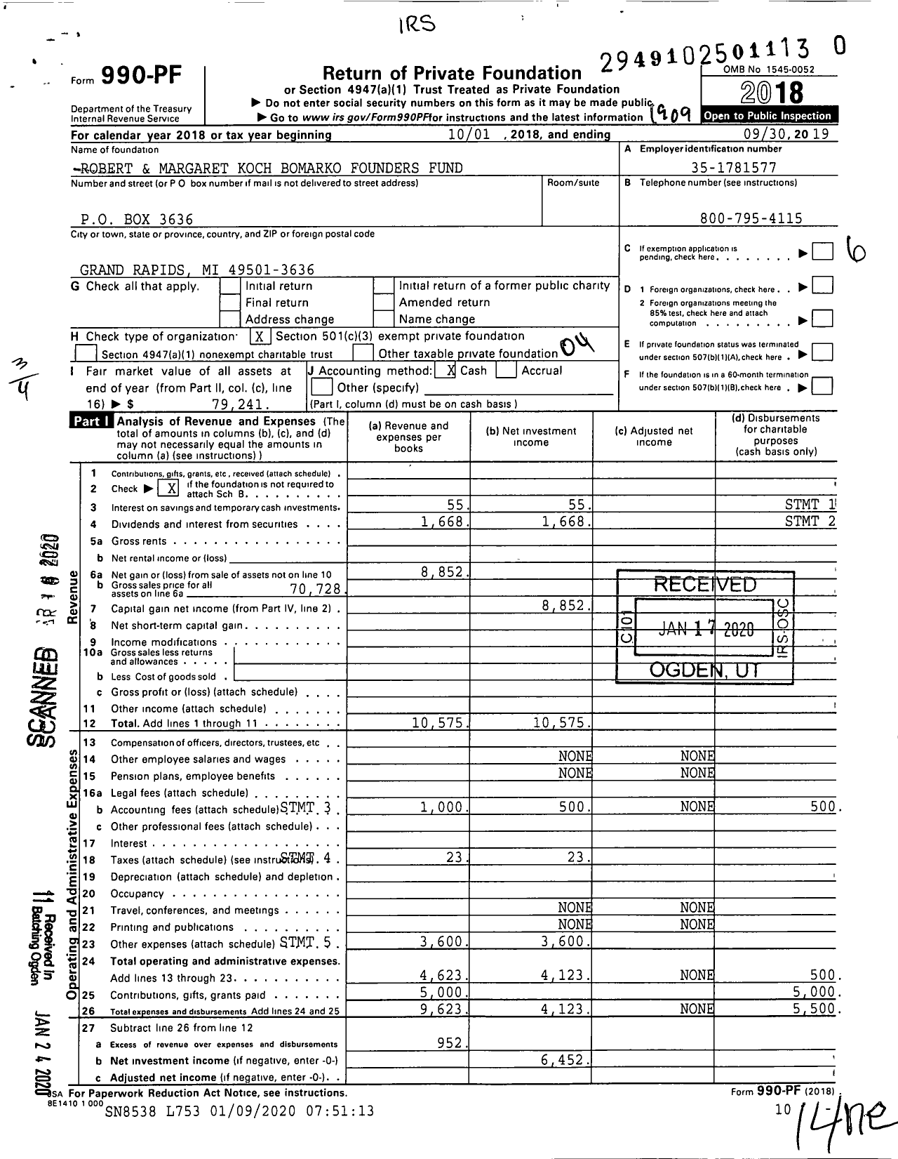 Image of first page of 2018 Form 990PR for Robert and Margaret Koch Bomarko Founders Fund