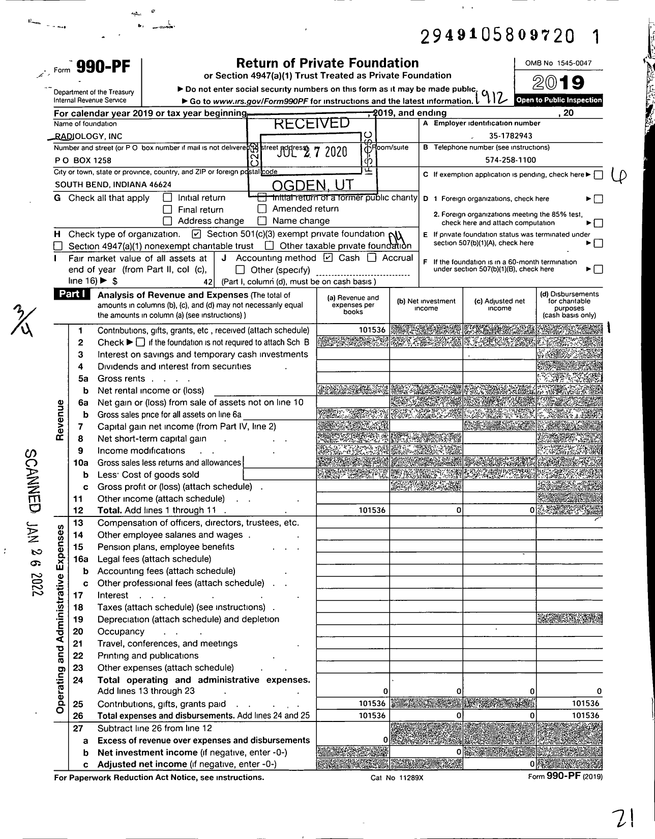 Image of first page of 2019 Form 990PF for Radiology Foundation
