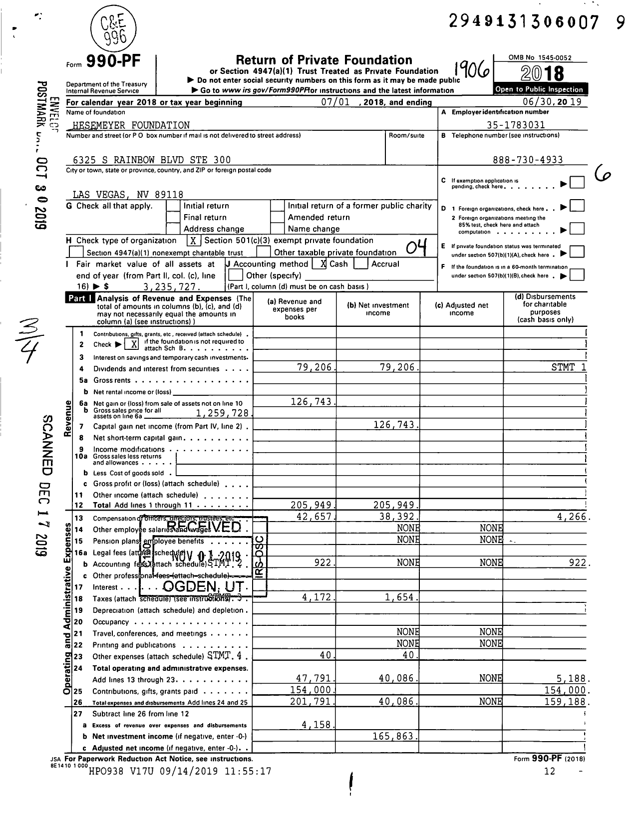 Image of first page of 2018 Form 990PF for Hesemeyer Foundation