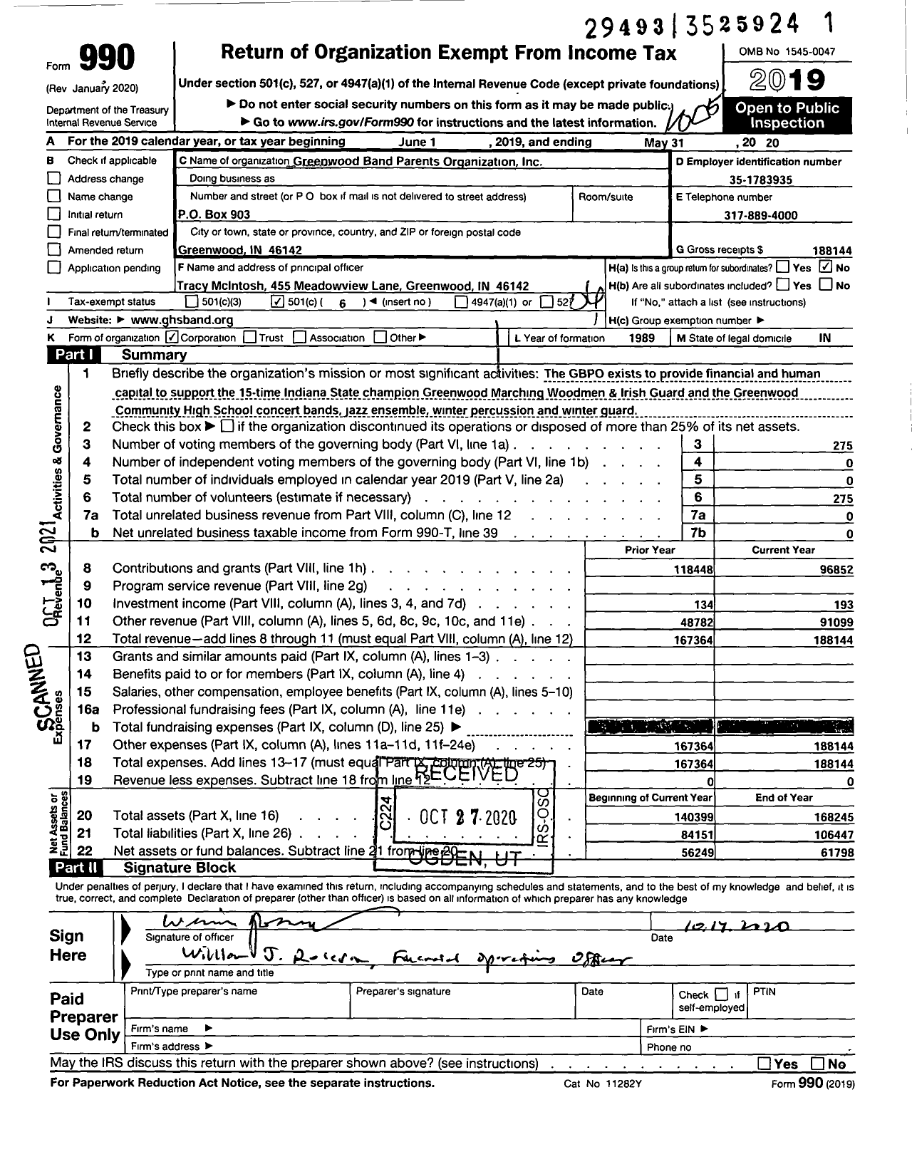 Image of first page of 2019 Form 990O for Greenwood Band Parents Organization