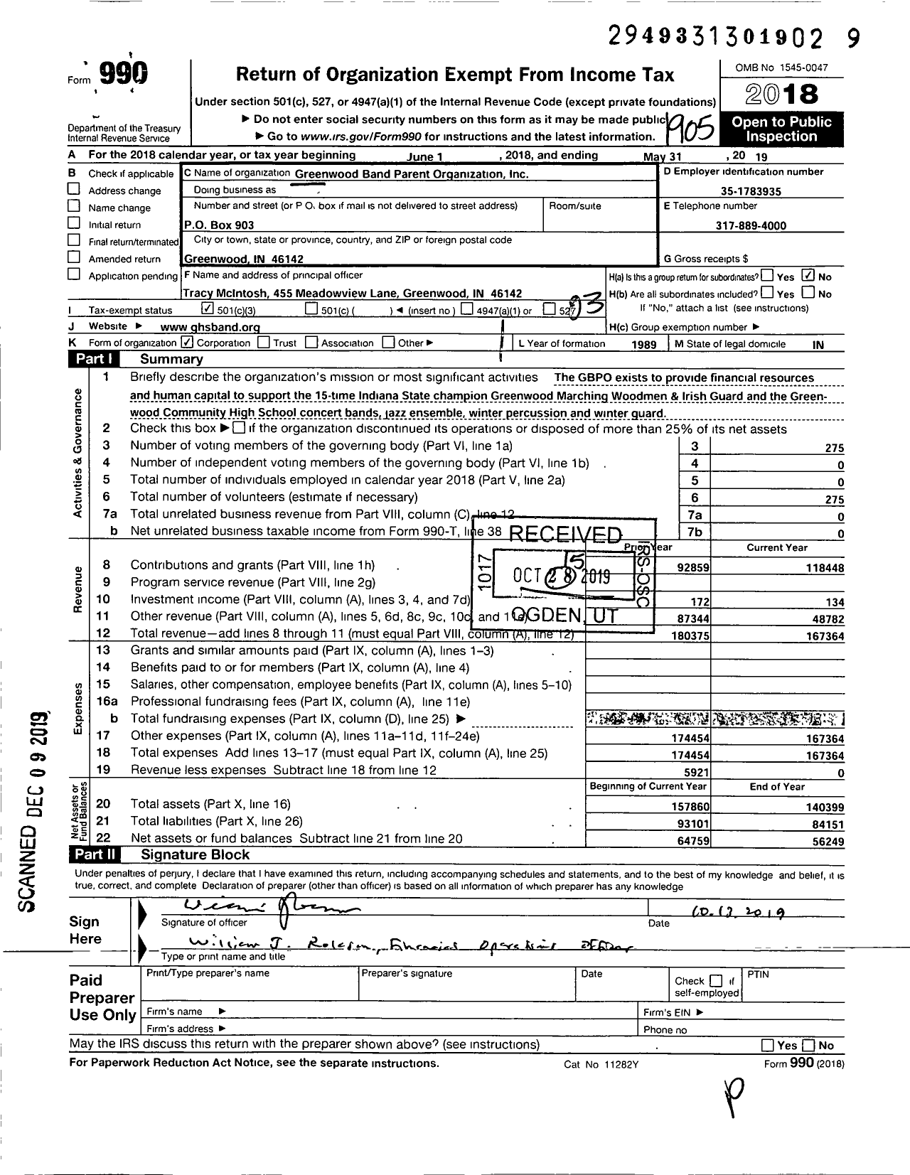 Image of first page of 2018 Form 990 for Greenwood Band Parents Organization