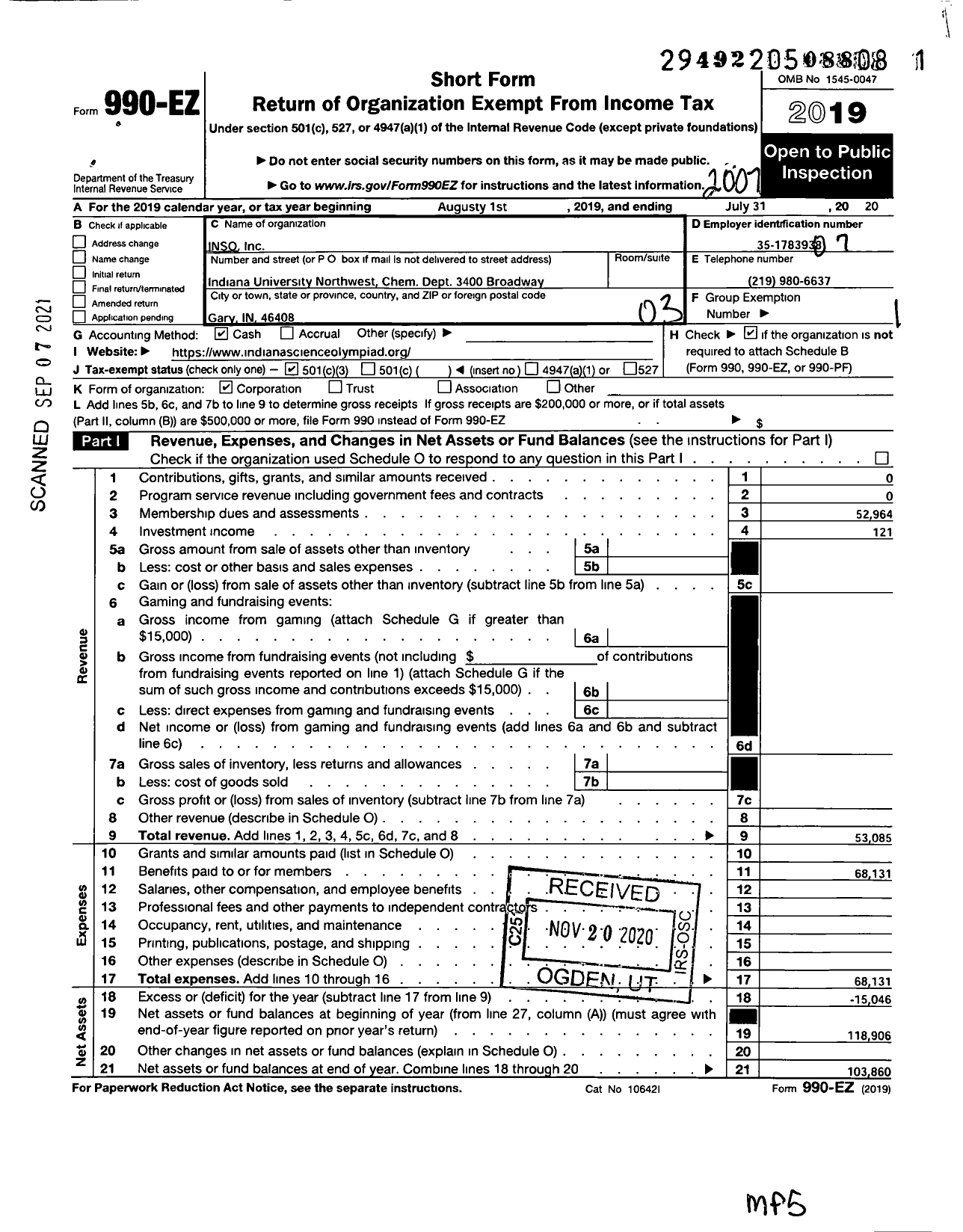 Image of first page of 2019 Form 990EZ for Inso