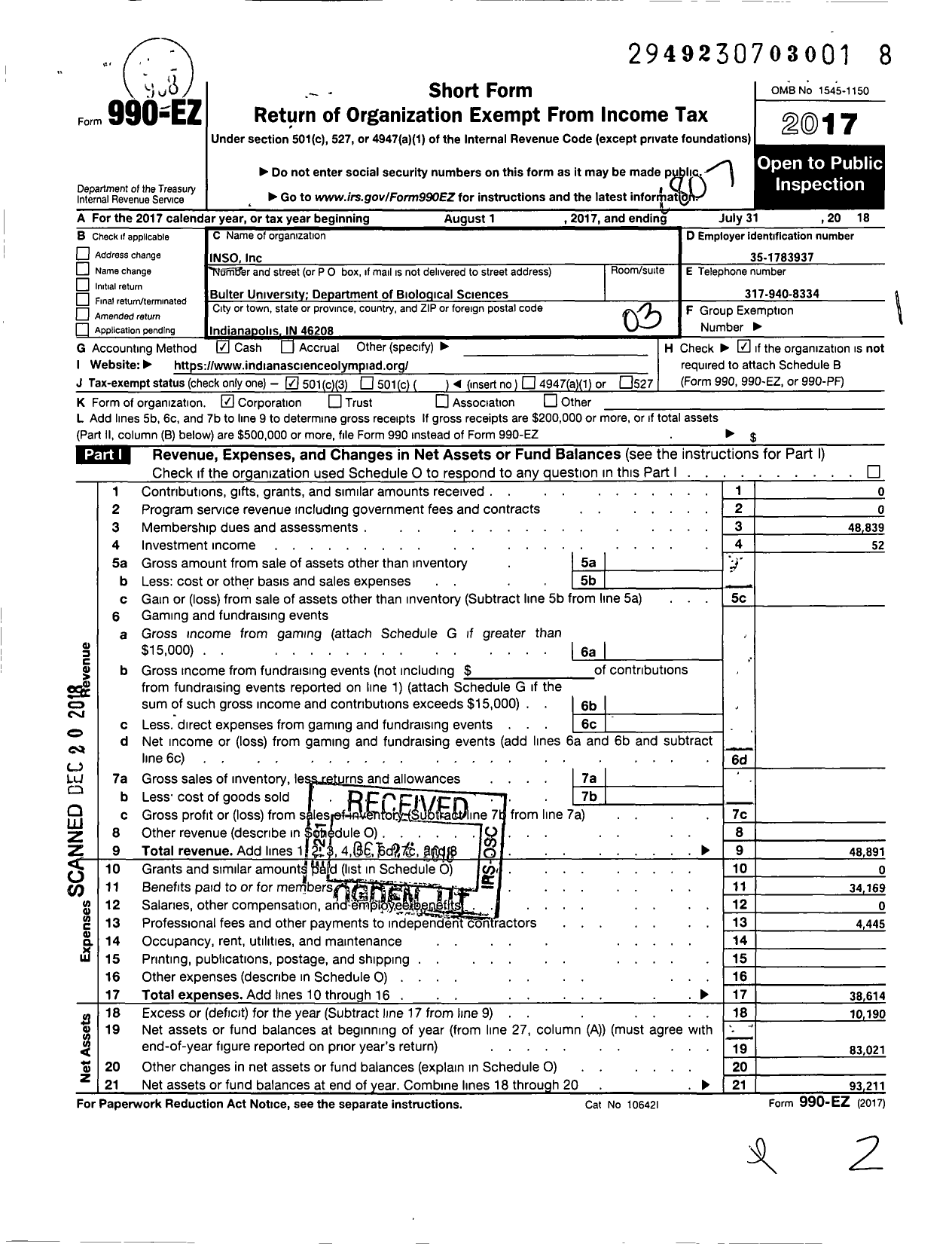 Image of first page of 2017 Form 990EZ for Inso