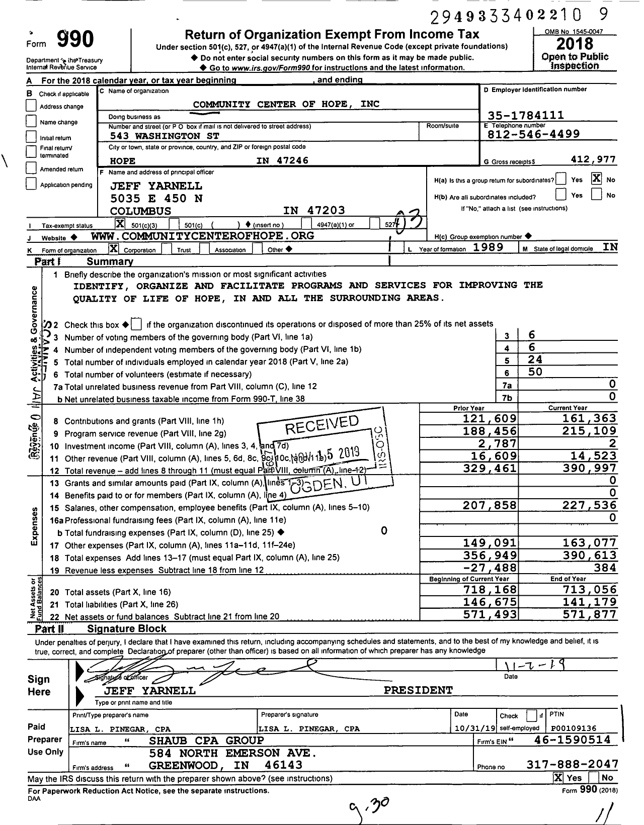 Image of first page of 2018 Form 990 for Community Center of Hope