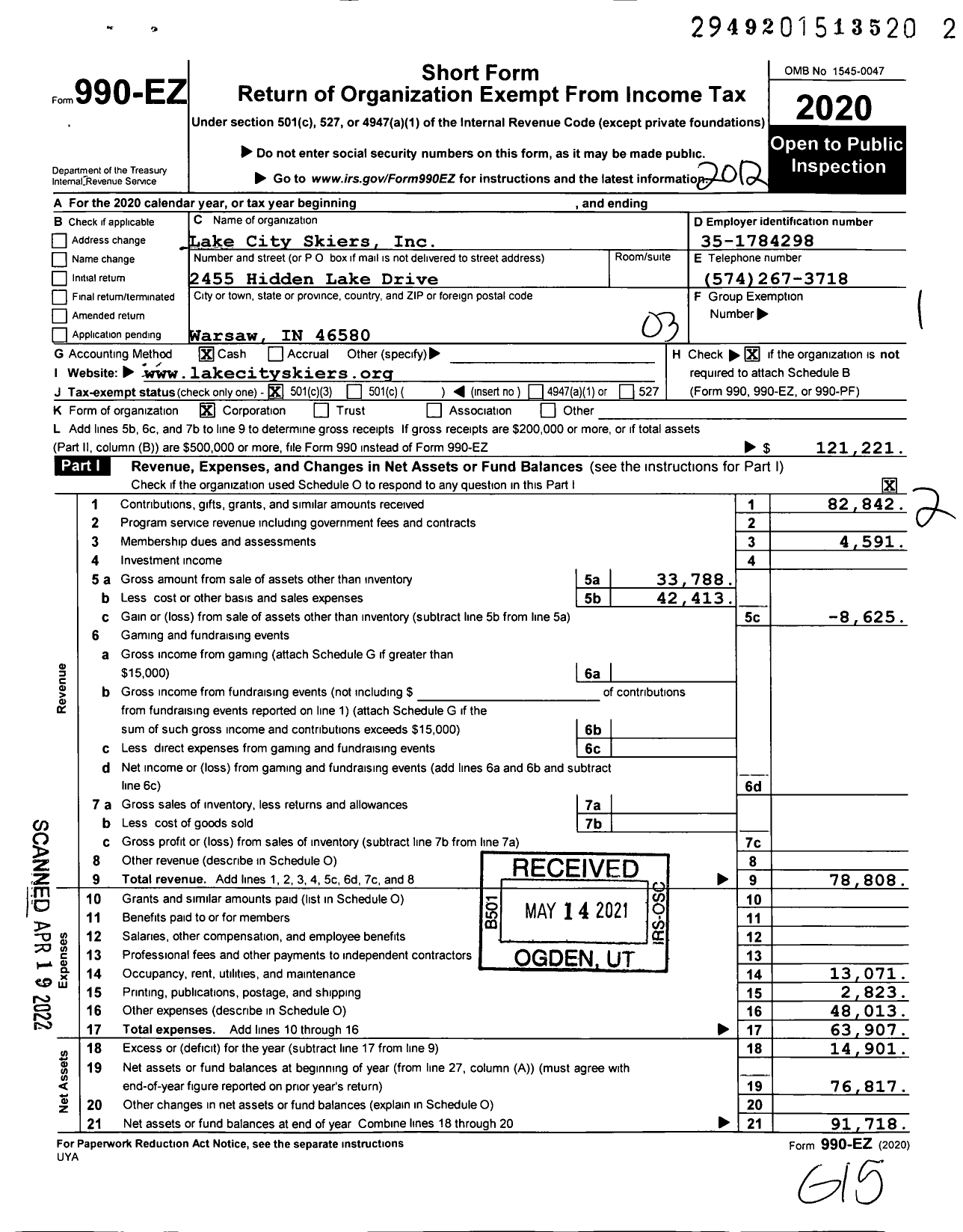 Image of first page of 2020 Form 990EZ for Lake City Skiers