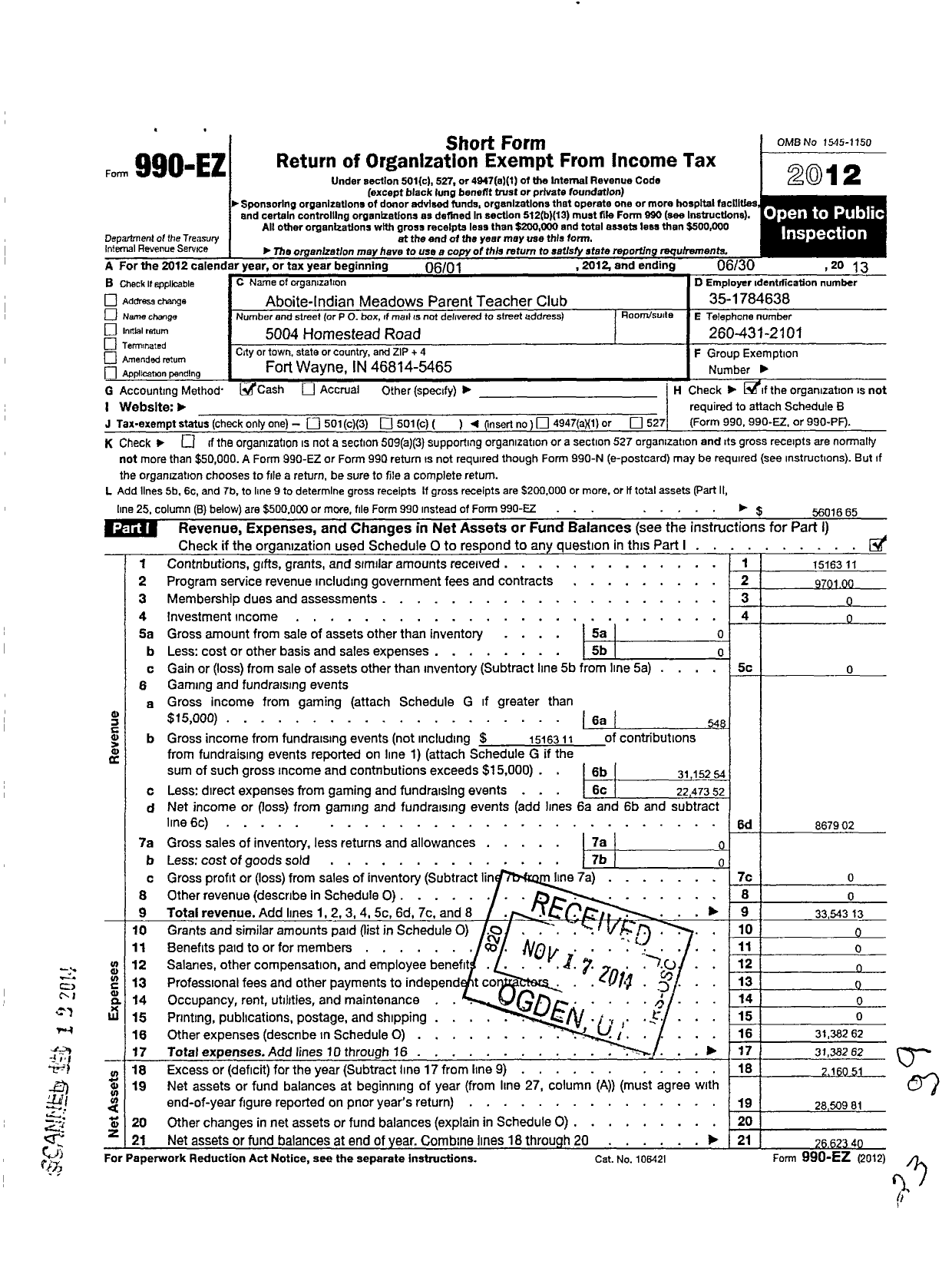 Image of first page of 2012 Form 990EO for Aboite-Indian Meadows Parent Teacher Club