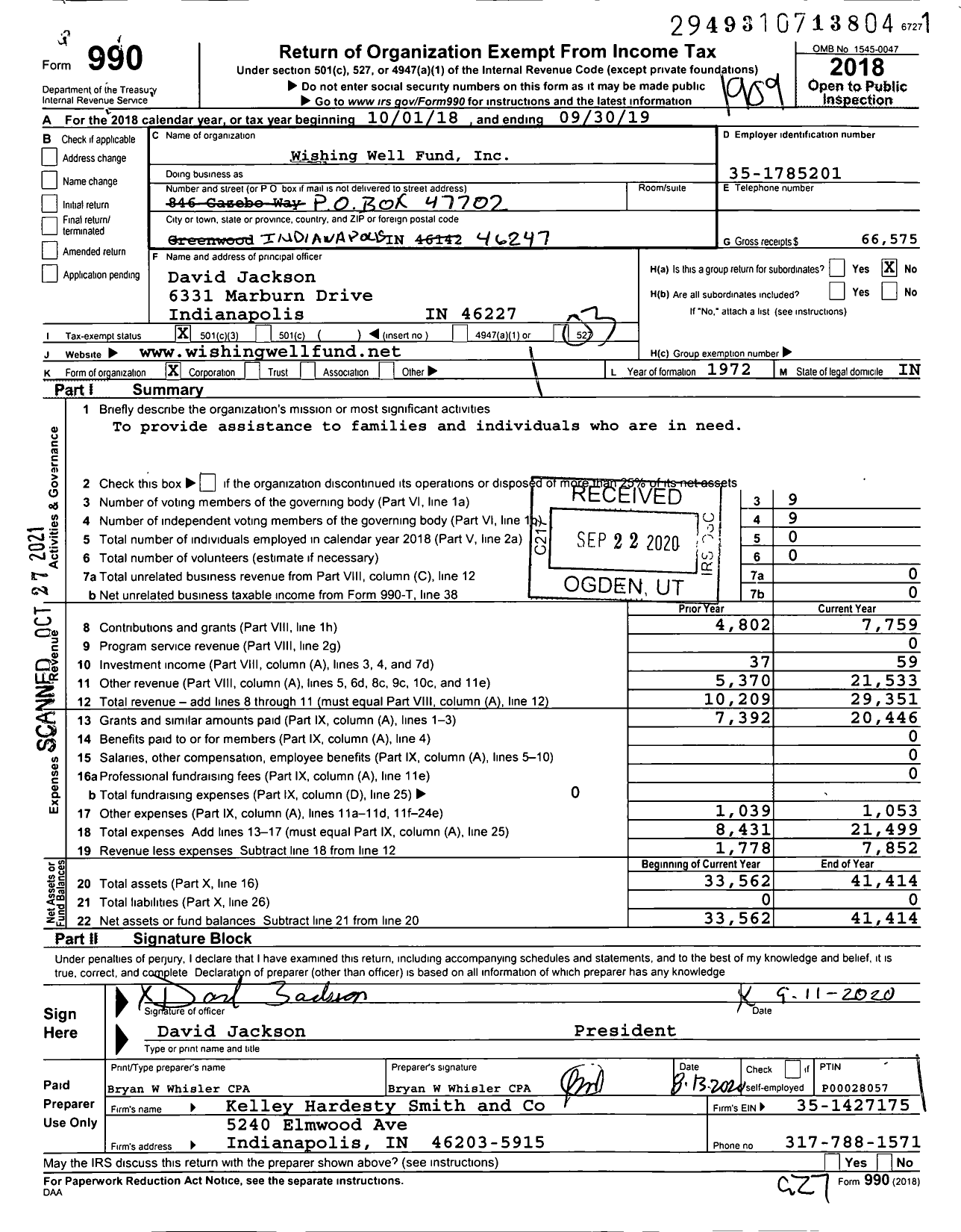 Image of first page of 2018 Form 990 for Wishing Well Fund