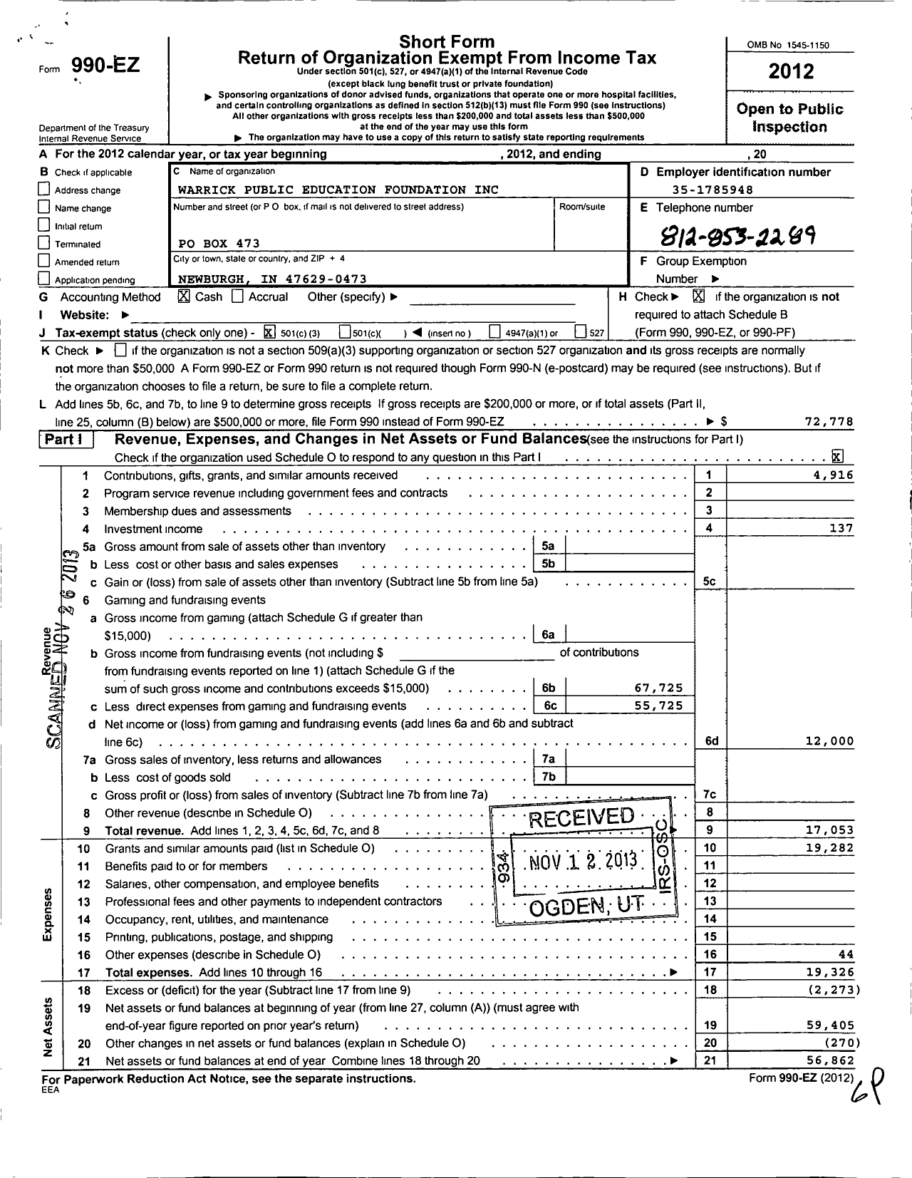 Image of first page of 2012 Form 990EZ for Warrick Public Education Foundation