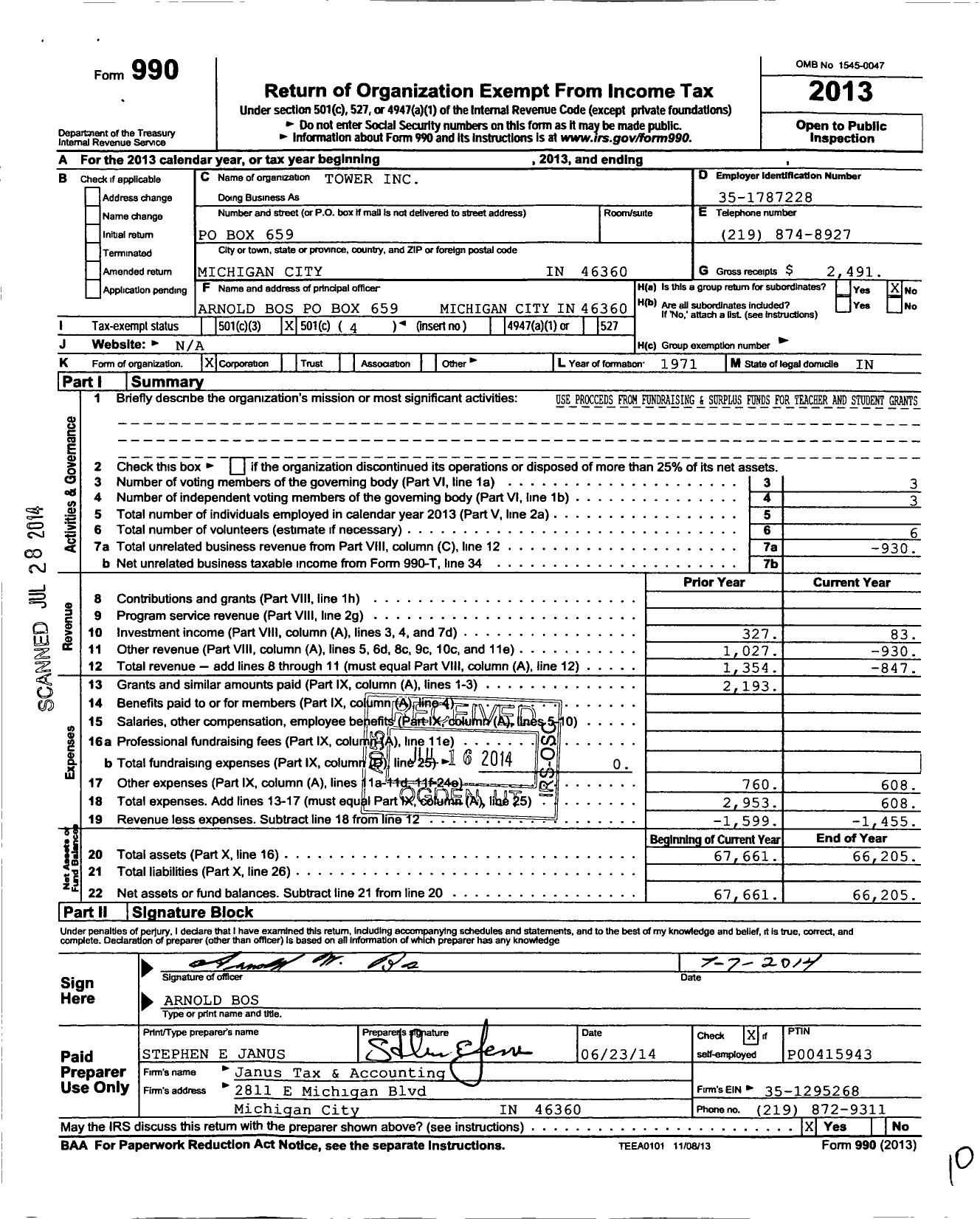 Image of first page of 2013 Form 990O for Tower