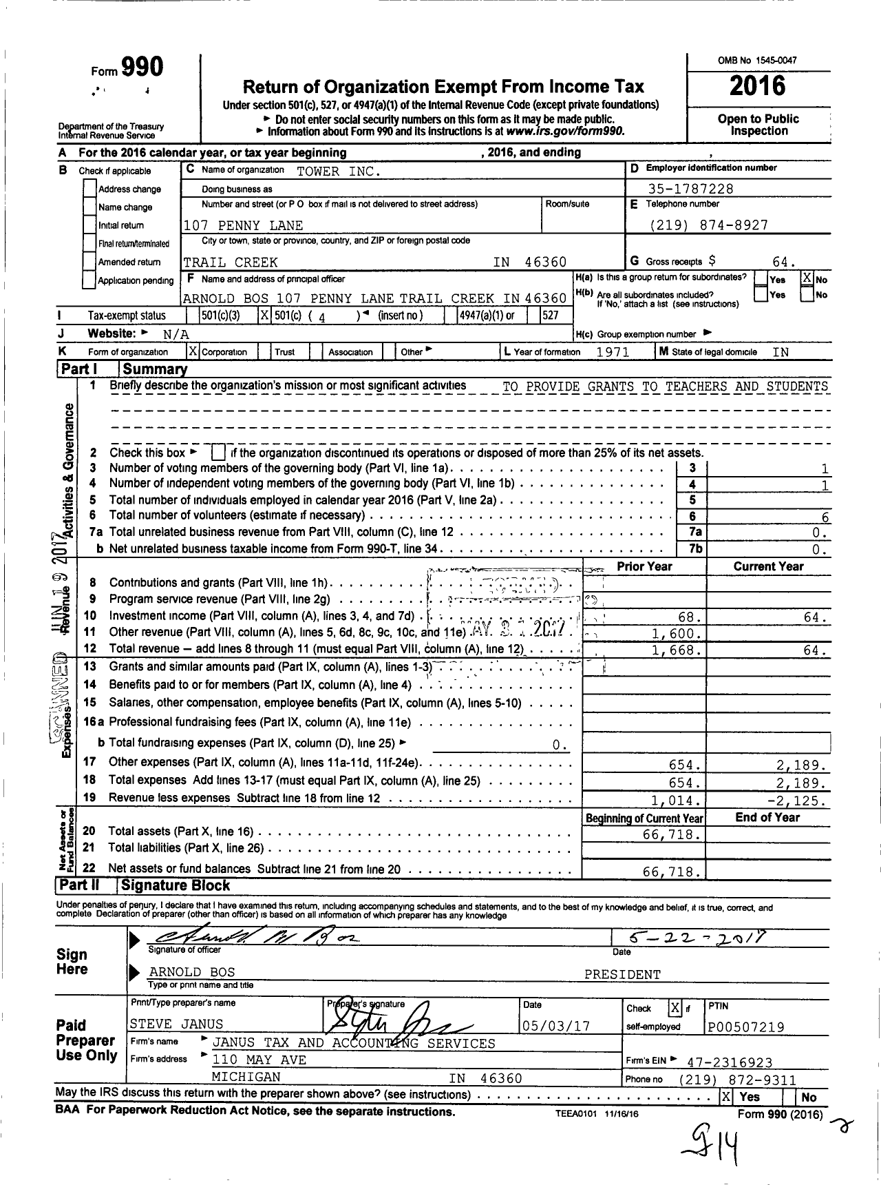 Image of first page of 2016 Form 990O for Tower