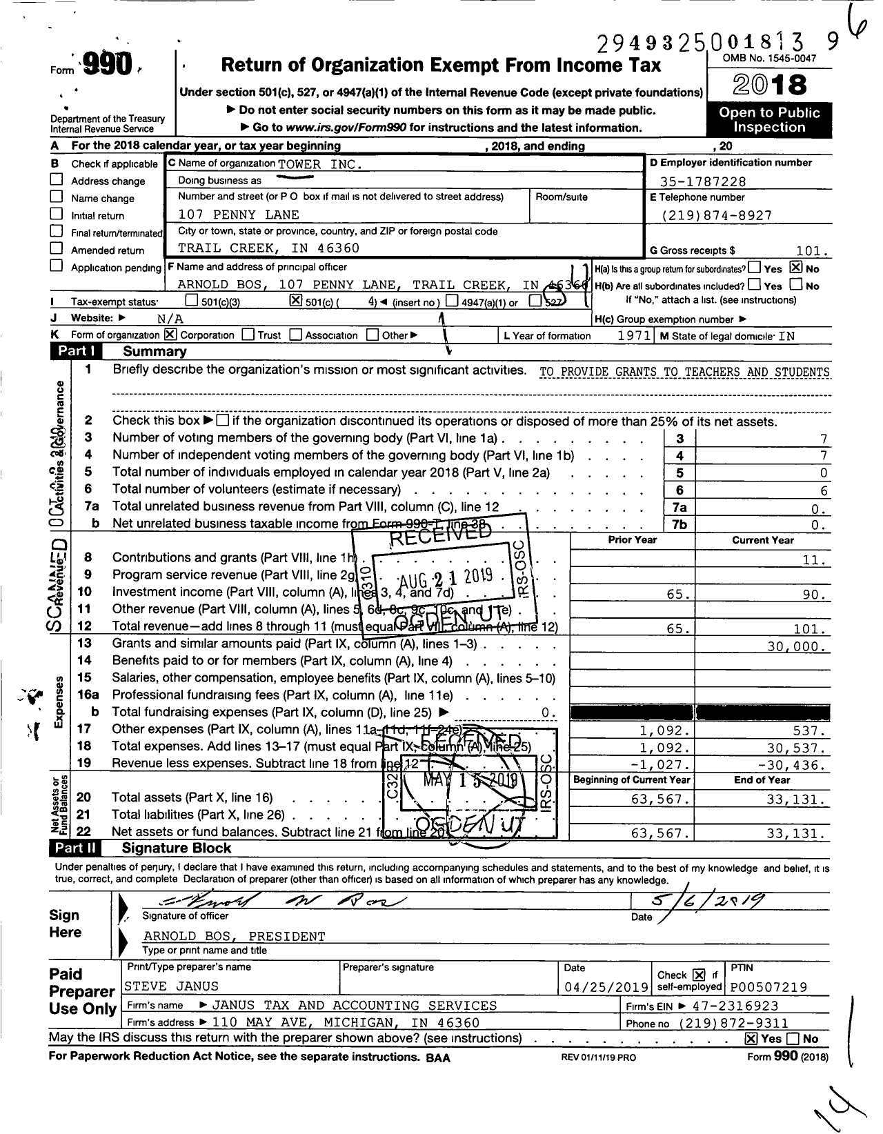 Image of first page of 2018 Form 990O for Tower