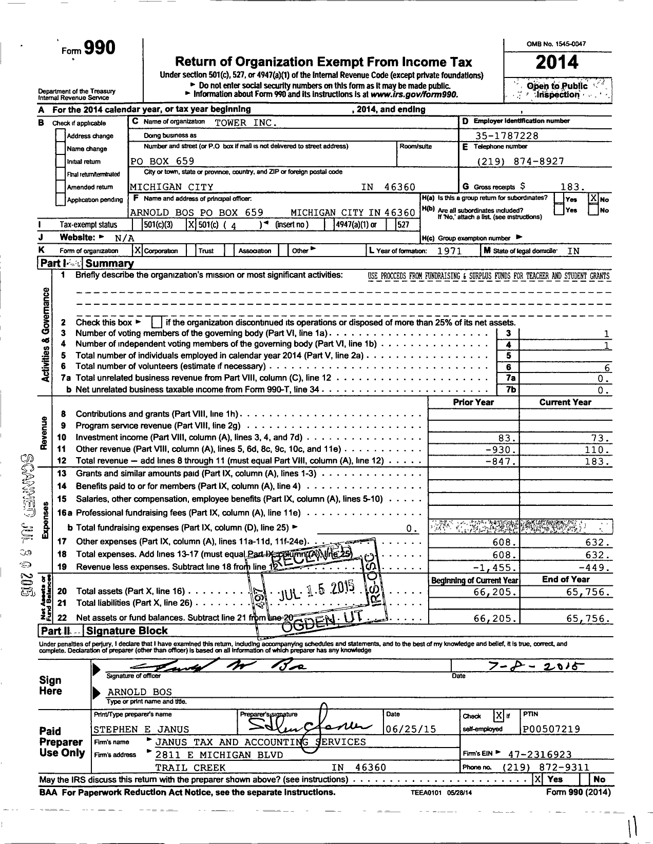 Image of first page of 2014 Form 990O for Tower