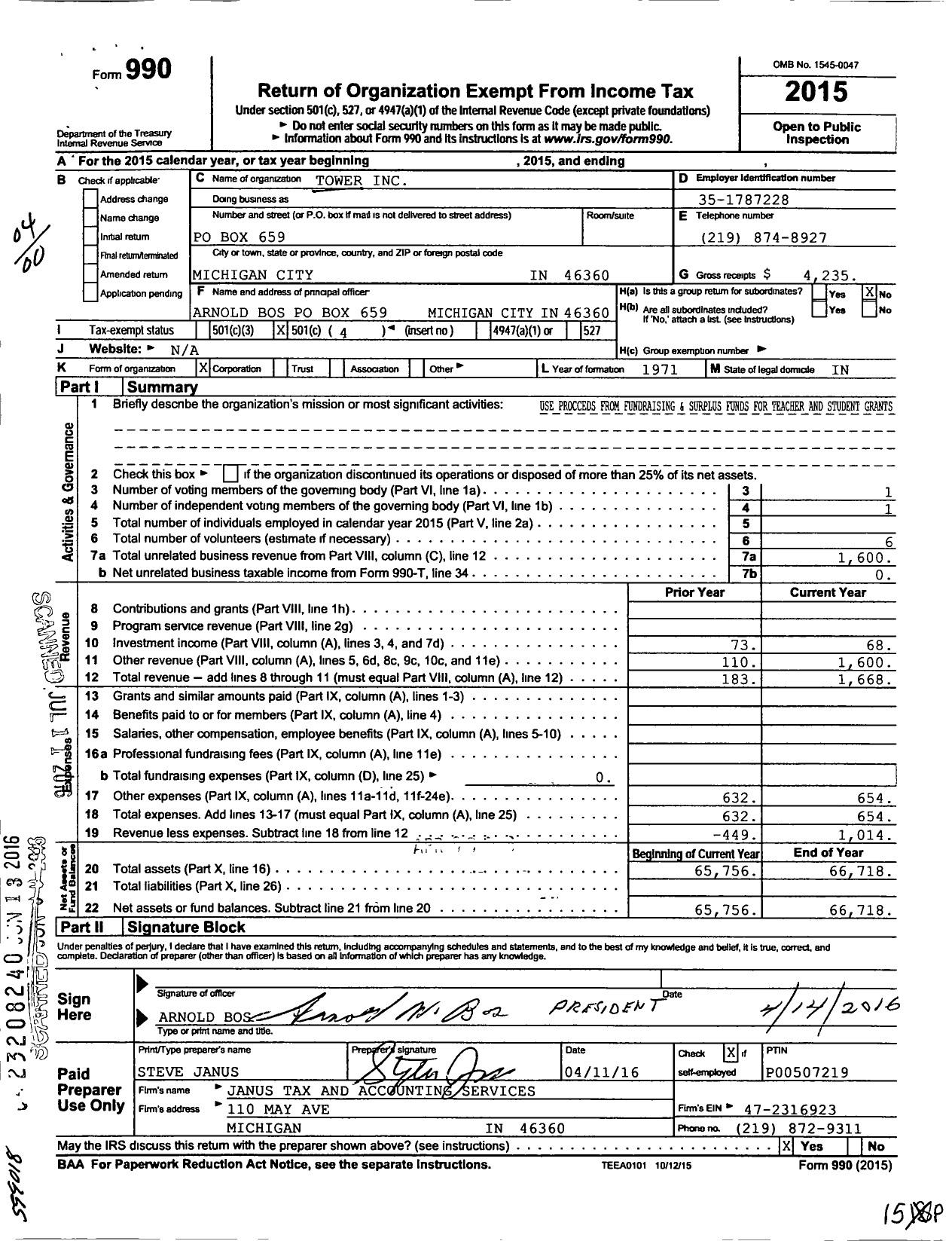 Image of first page of 2015 Form 990O for Tower