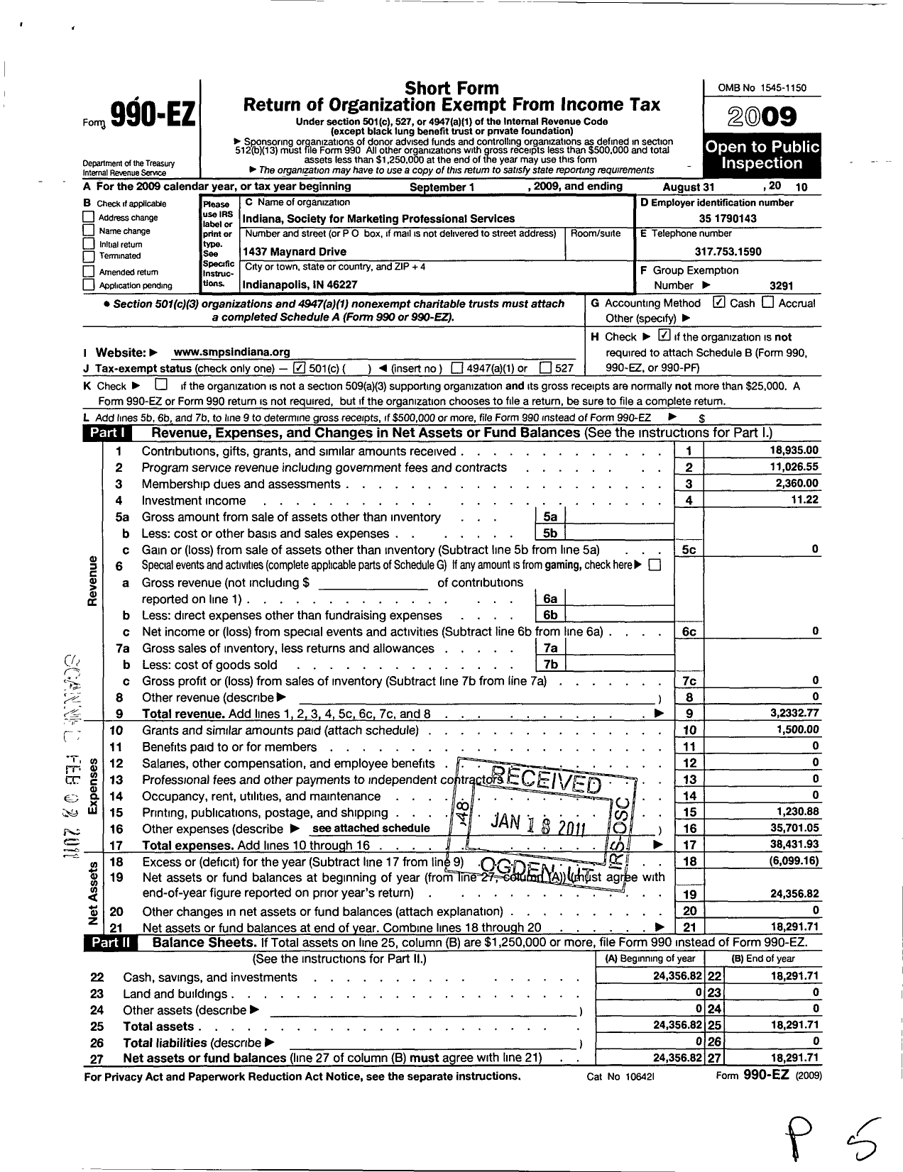 Image of first page of 2009 Form 990EO for Society for Marketing Professional Services / Indiana Chapter of SMPS