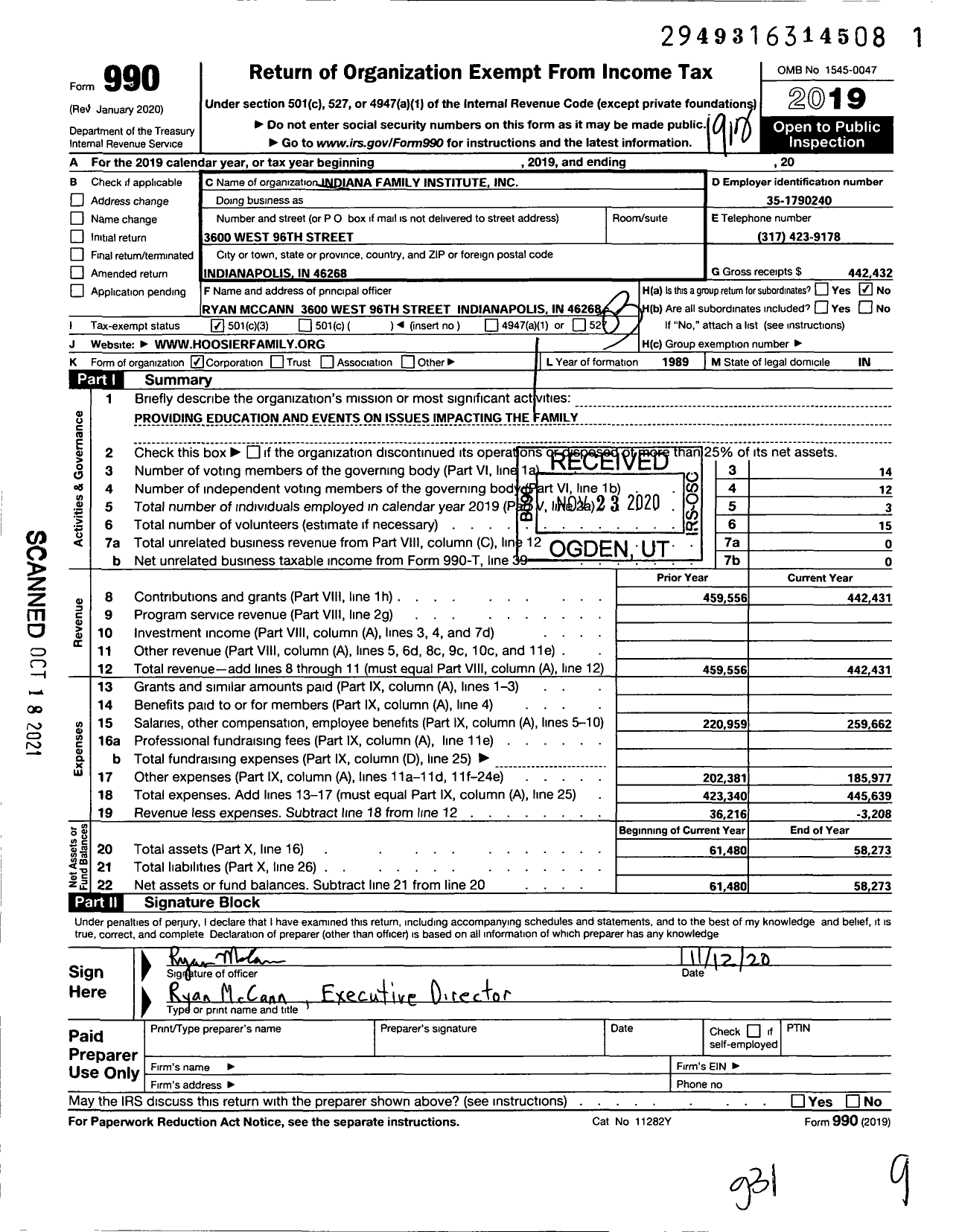 Image of first page of 2019 Form 990 for Indiana Family Institute