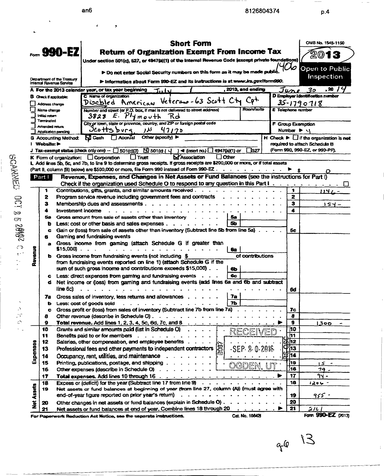 Image of first page of 2013 Form 990EO for Disabled American Veterans - 63 Scott County