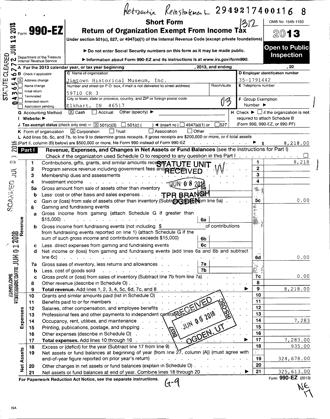 Image of first page of 2013 Form 990EZ for Jimtown Historical Museum