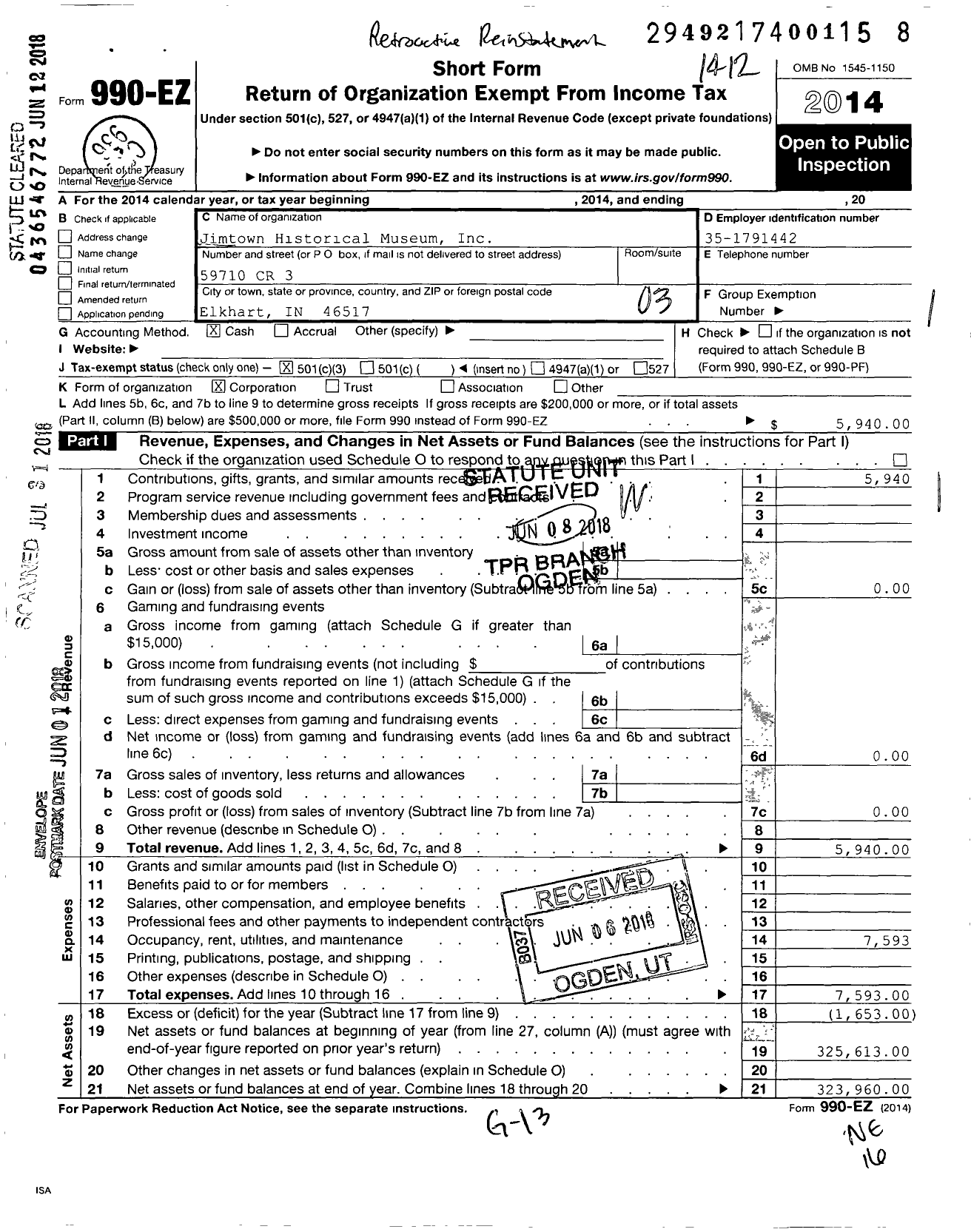 Image of first page of 2014 Form 990EZ for Jimtown Historical Museum