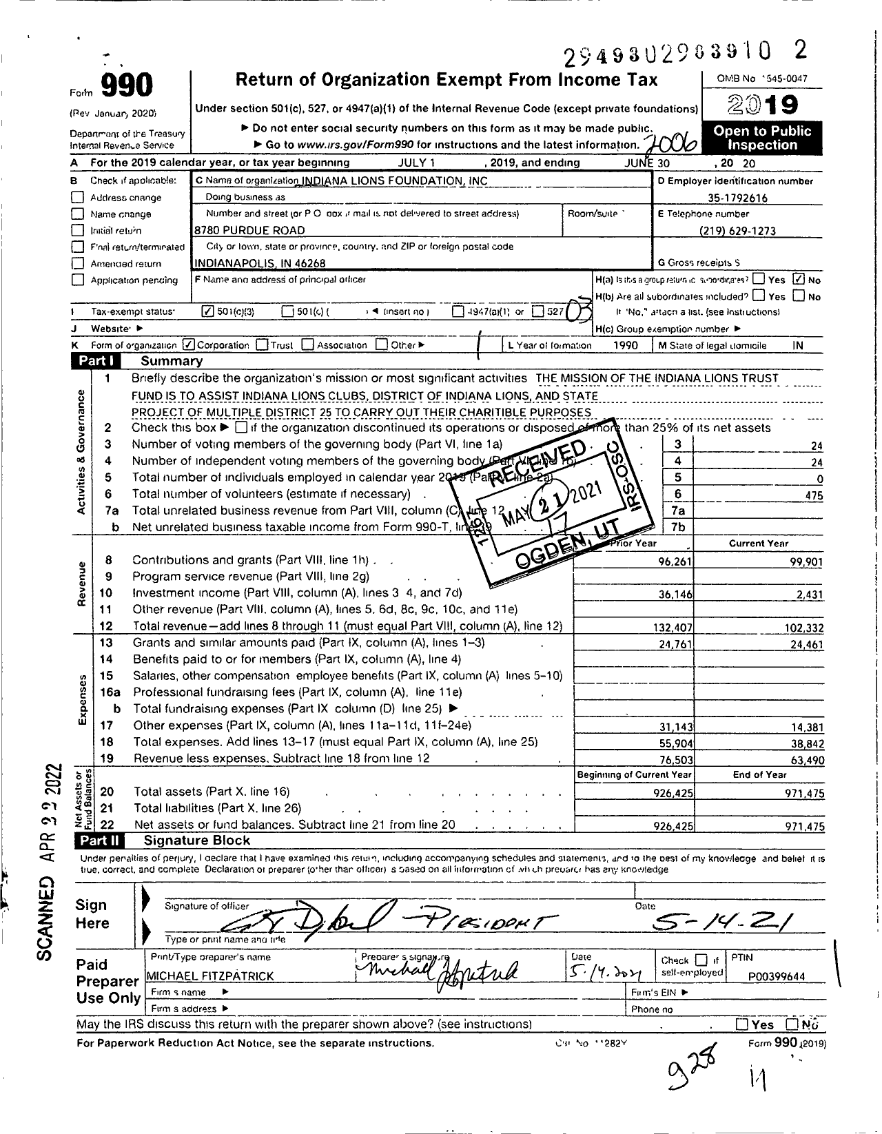 Image of first page of 2019 Form 990 for Indiana Lions Foundation