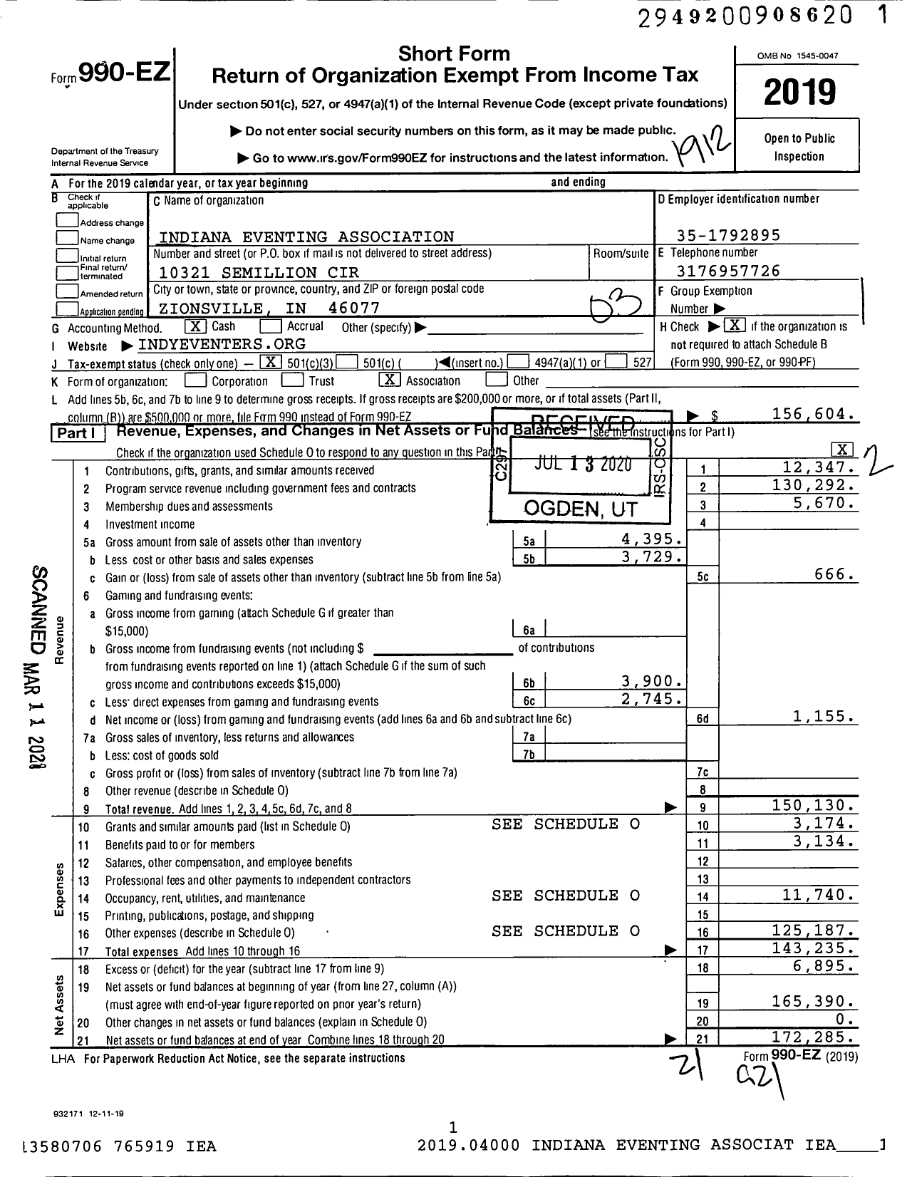 Image of first page of 2019 Form 990EZ for Indiana Eventing Association