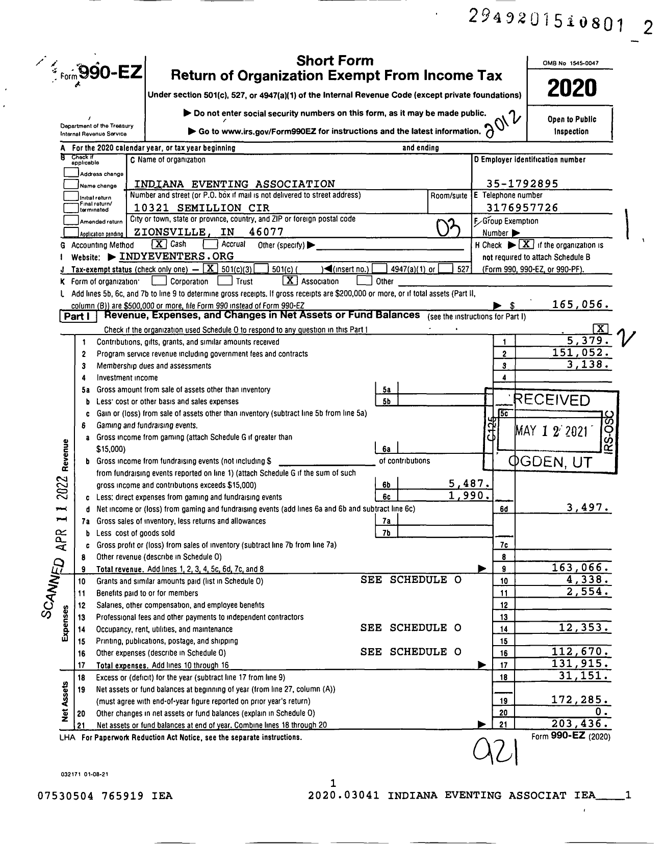 Image of first page of 2020 Form 990EZ for Indiana Eventing Association