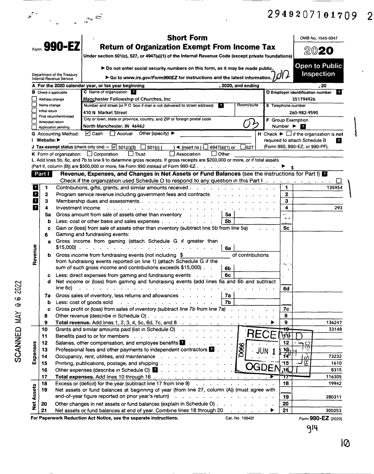 Image of first page of 2020 Form 990EZ for Manchester Fellowship of Churches