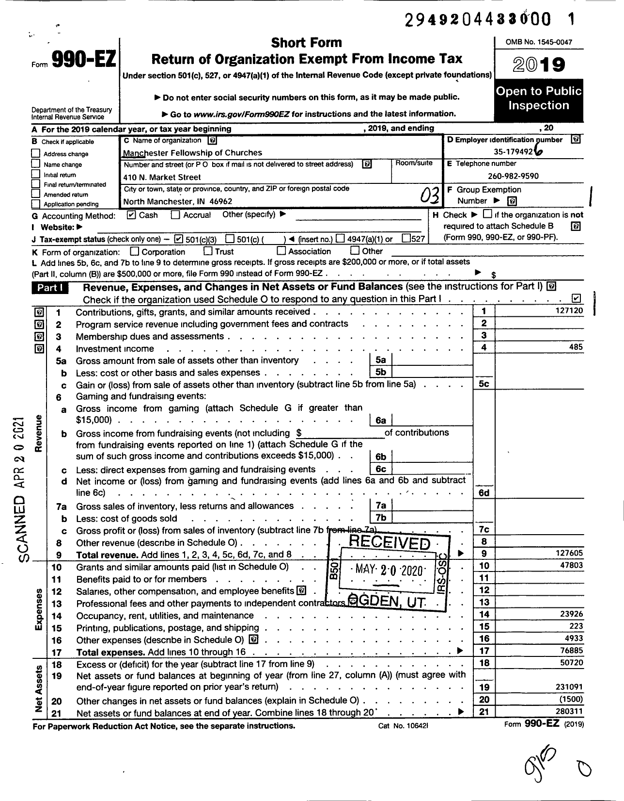 Image of first page of 2019 Form 990EZ for Manchester Fellowship of Churches