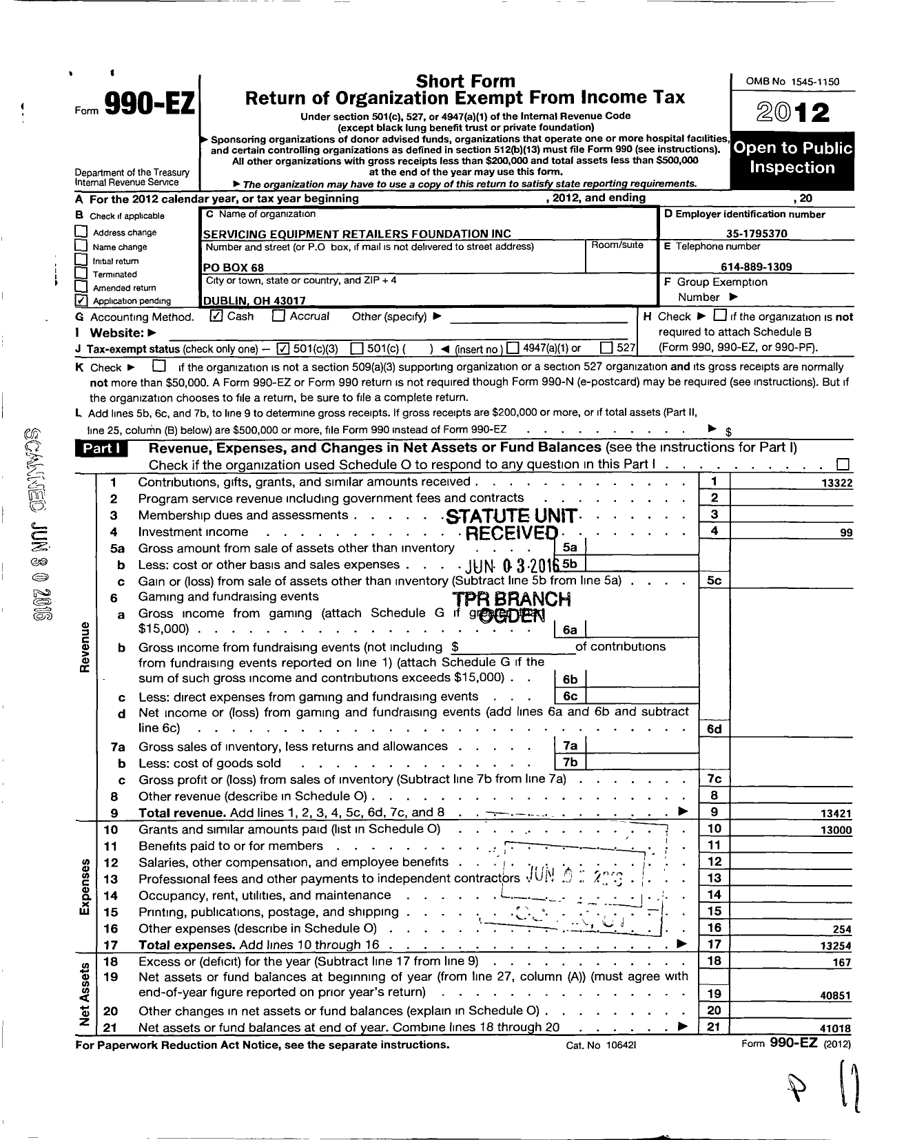 Image of first page of 2012 Form 990EZ for Servicing Equipment Retailers Foundation