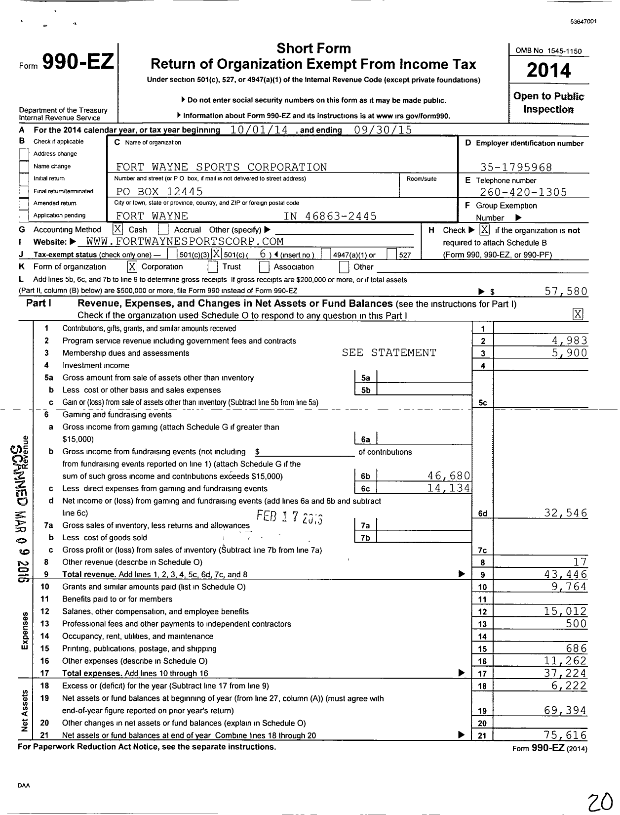 Image of first page of 2014 Form 990EO for Fort Wayne Sports Corporation