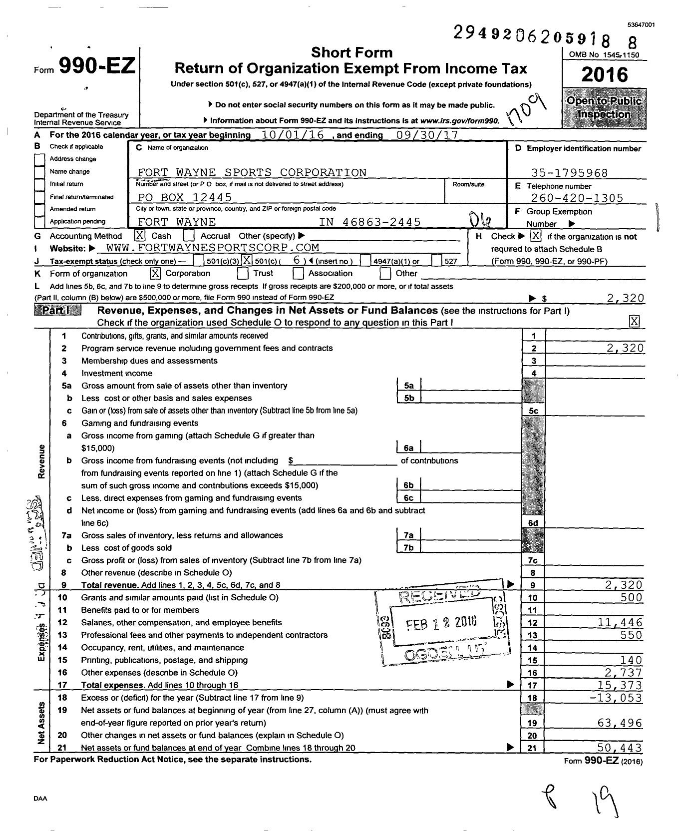 Image of first page of 2016 Form 990EO for Fort Wayne Sports Corporation