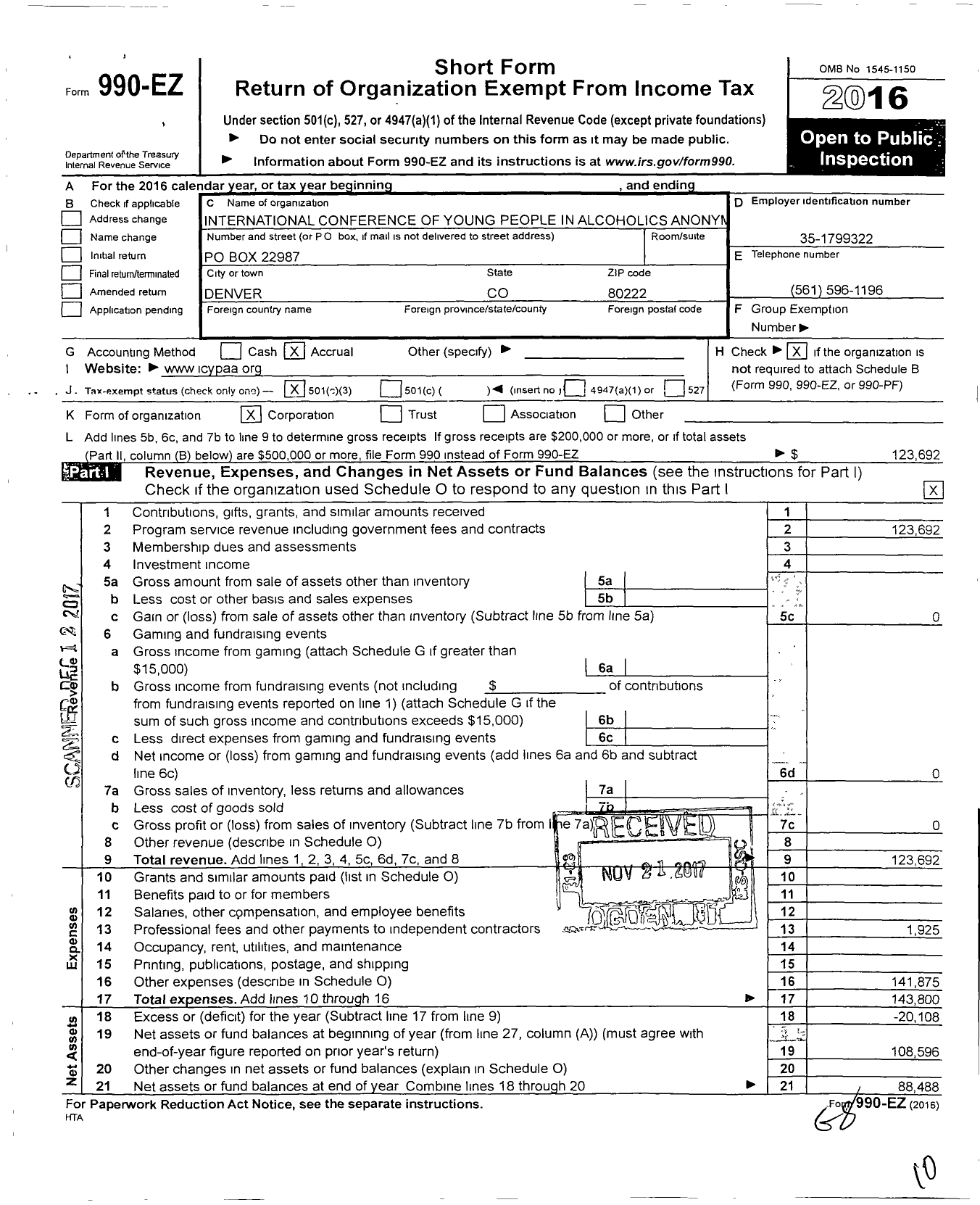 Image of first page of 2016 Form 990EZ for International Conference of Young People in Alcholics Anonymous