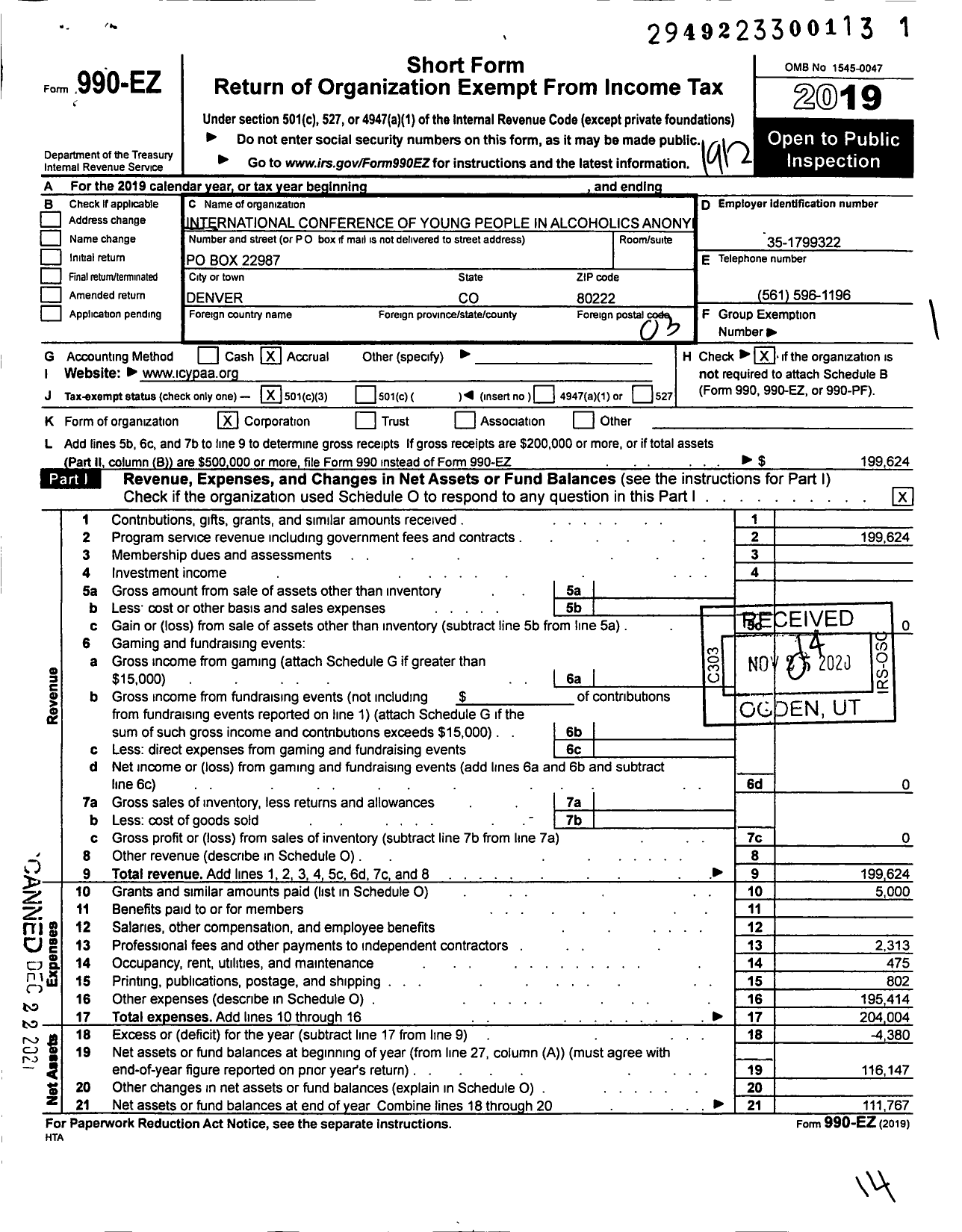 Image of first page of 2019 Form 990EZ for International Conference of Young People in Alcholics Anonymous