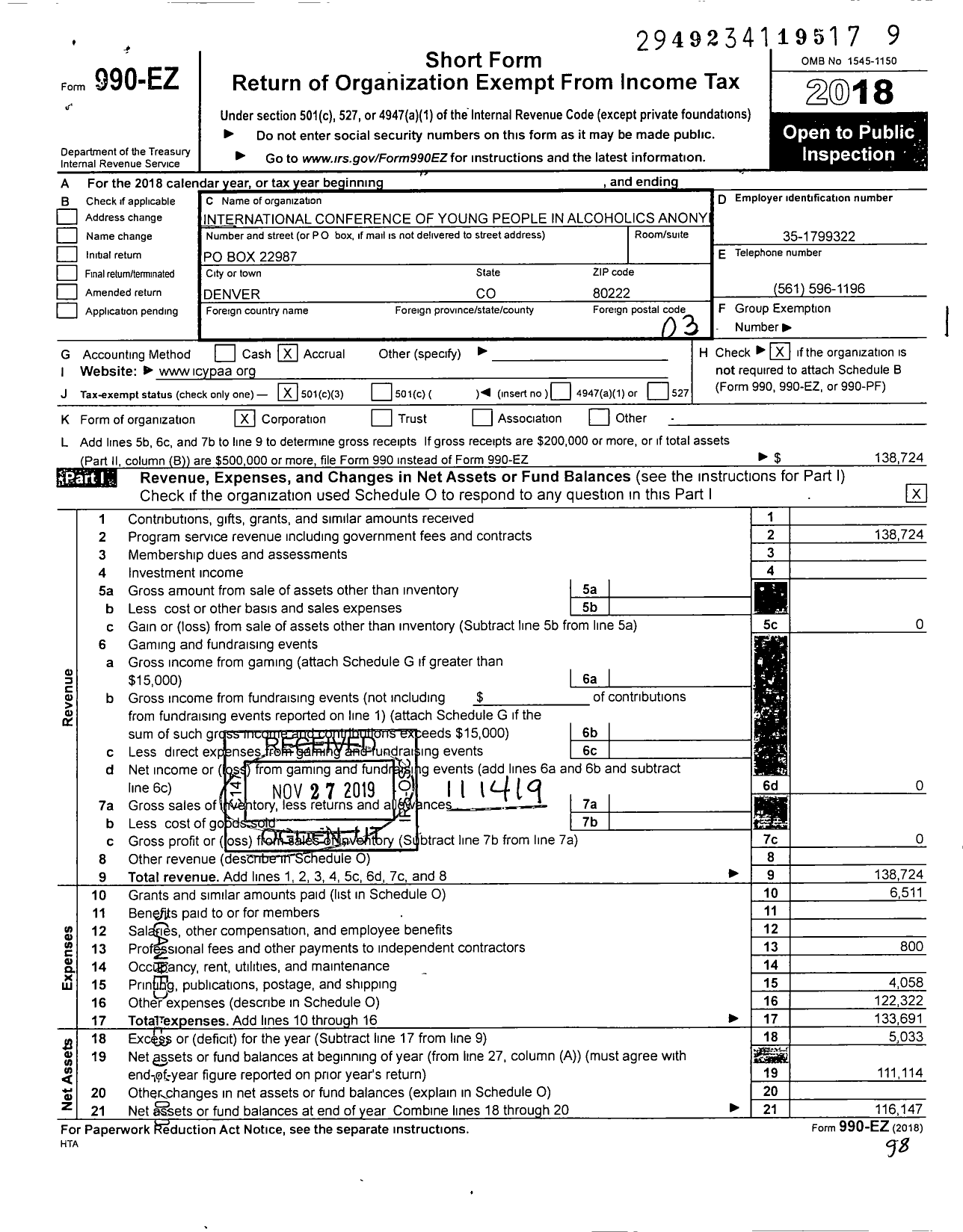 Image of first page of 2018 Form 990EZ for International Conference of Young People in Alcholics Anonymous