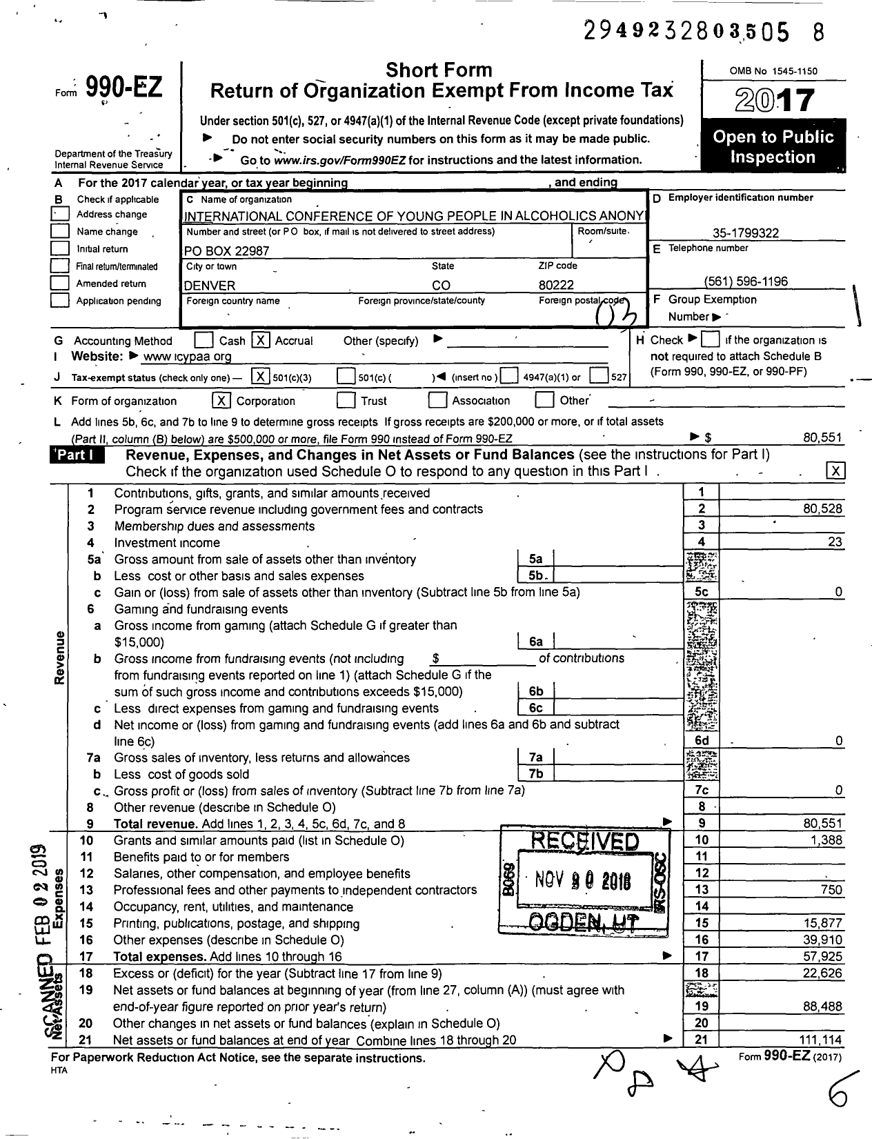 Image of first page of 2017 Form 990EZ for International Conference of Young People in Alcholics Anonymous