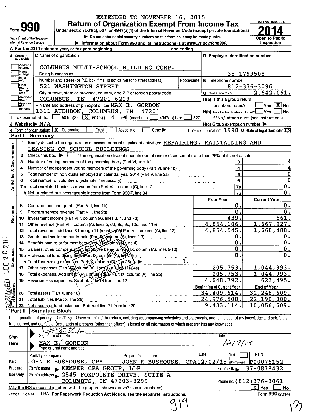 Image of first page of 2014 Form 990O for Columbus Multi-School Building Corporation