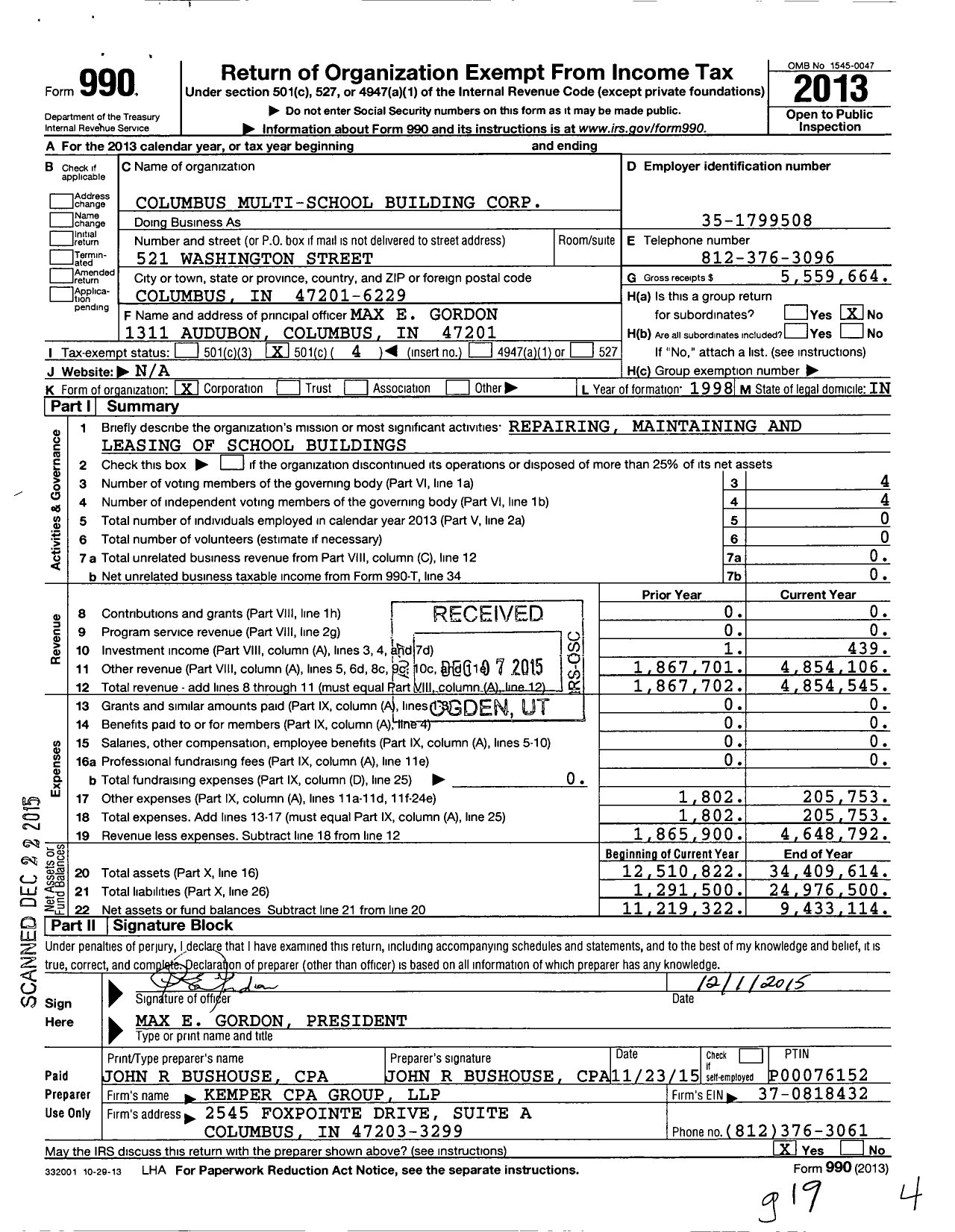 Image of first page of 2013 Form 990O for Columbus Multi-School Building Corporation