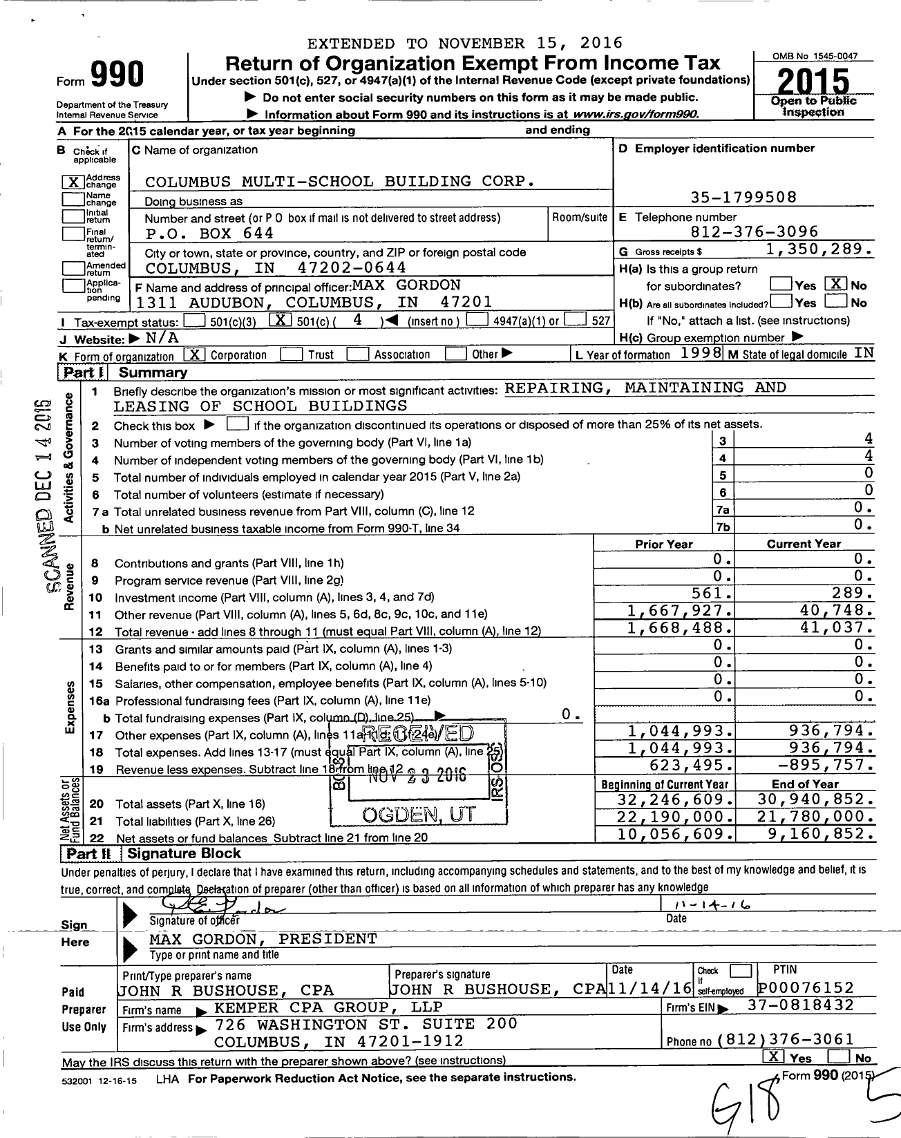 Image of first page of 2015 Form 990O for Columbus Multi-School Building Corporation