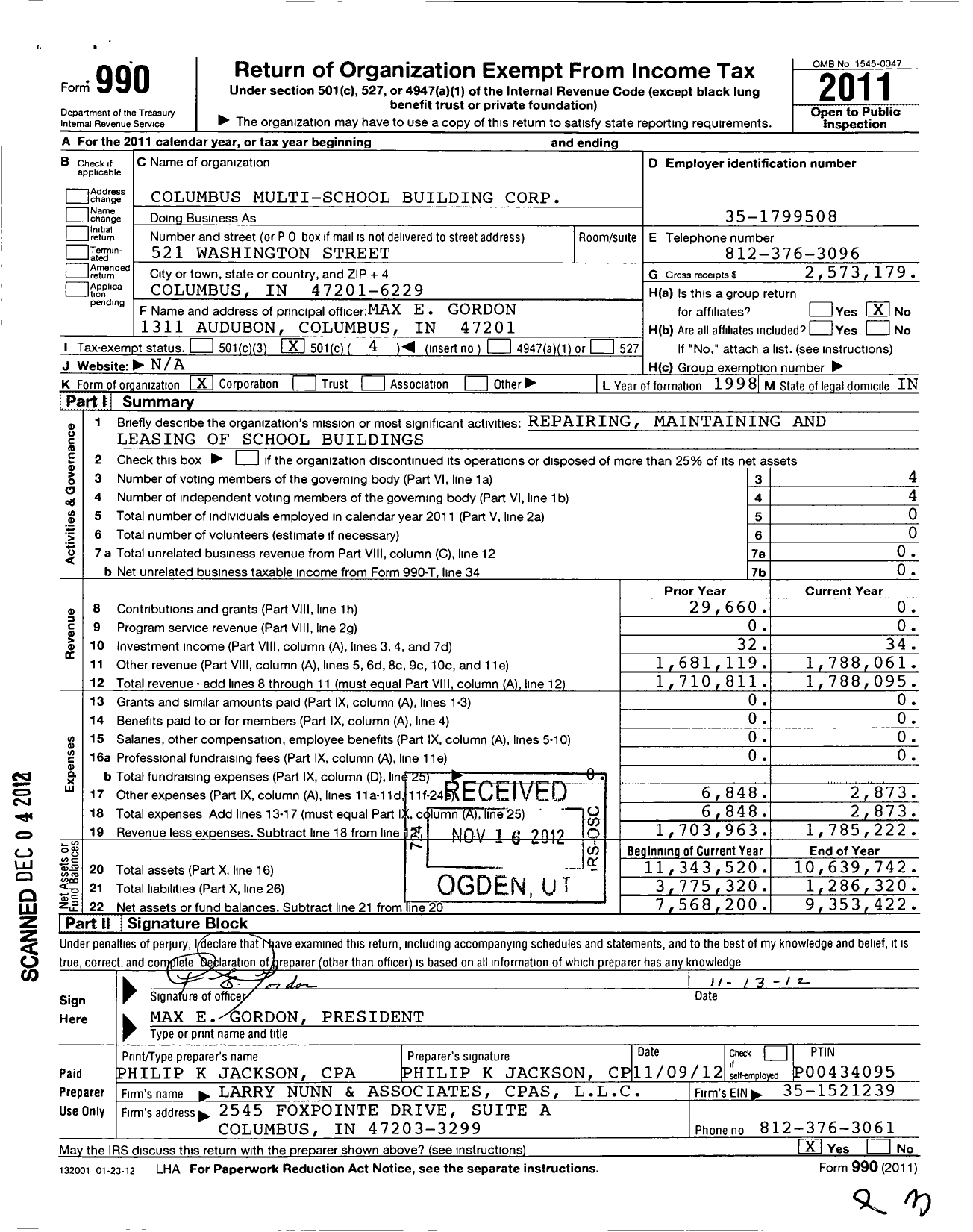 Image of first page of 2011 Form 990O for Columbus Multi-School Building Corporation