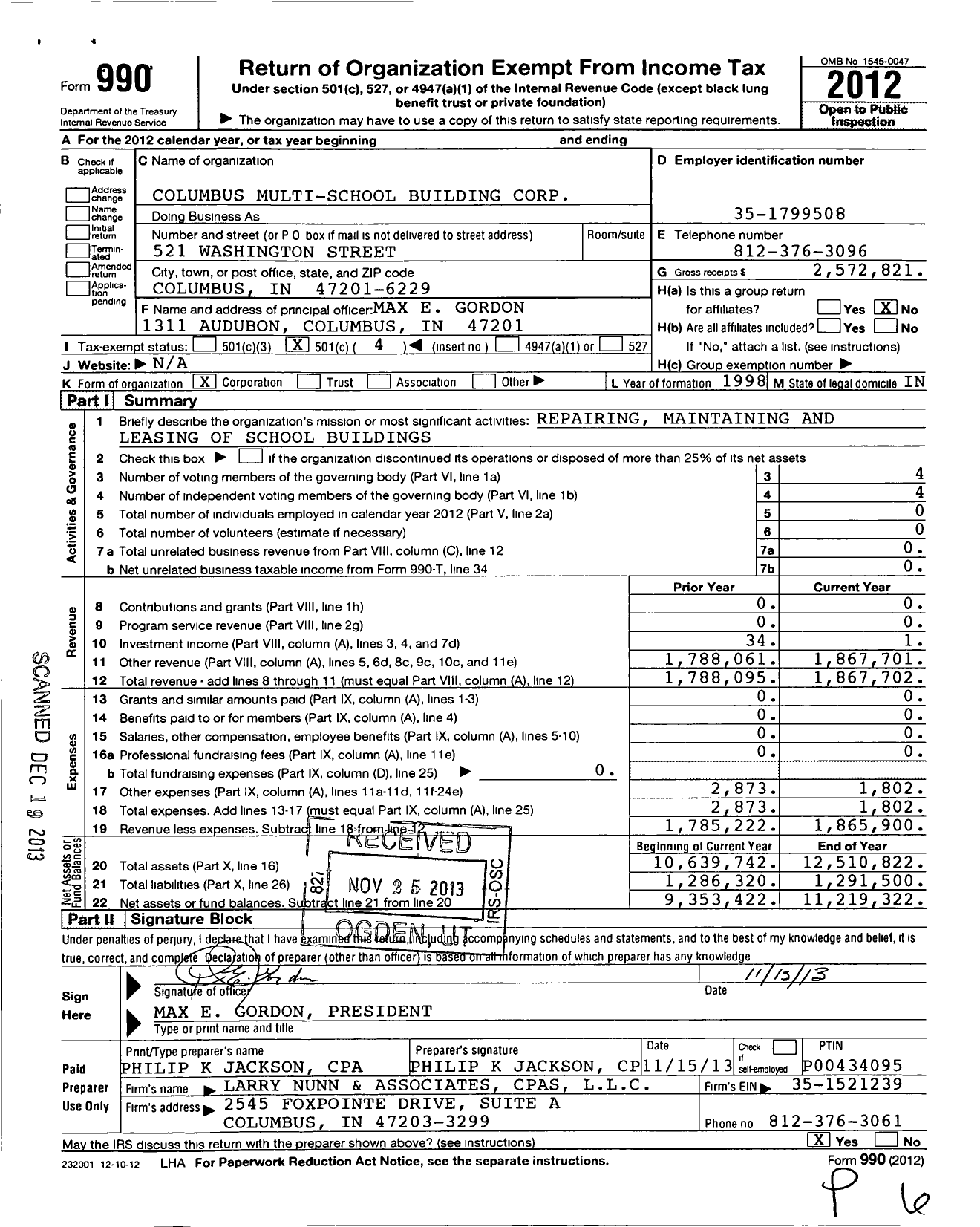 Image of first page of 2012 Form 990O for Columbus Multi-School Building Corporation
